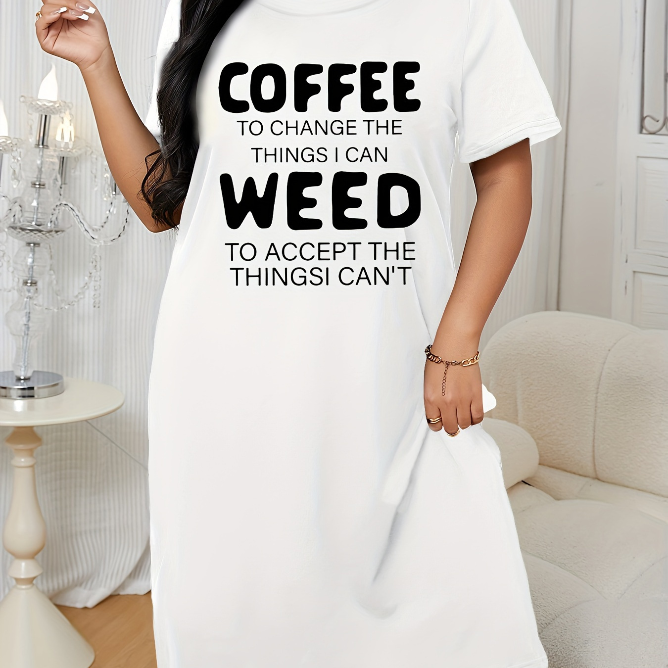 

Women's Nightdresssummer Short Sleeve Over-the-knee Pajama Dress Casual Round Neck Slogan Coffee Weekend Design