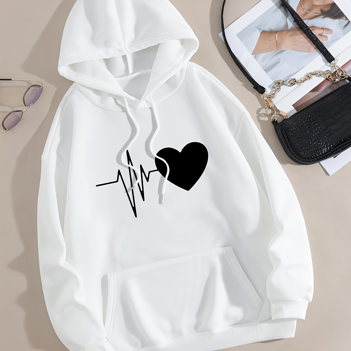 

Heart Print Drawstring Hoodie, Casual Long Sleeve Drop Shoulder Hoodie, Women's Clothing
