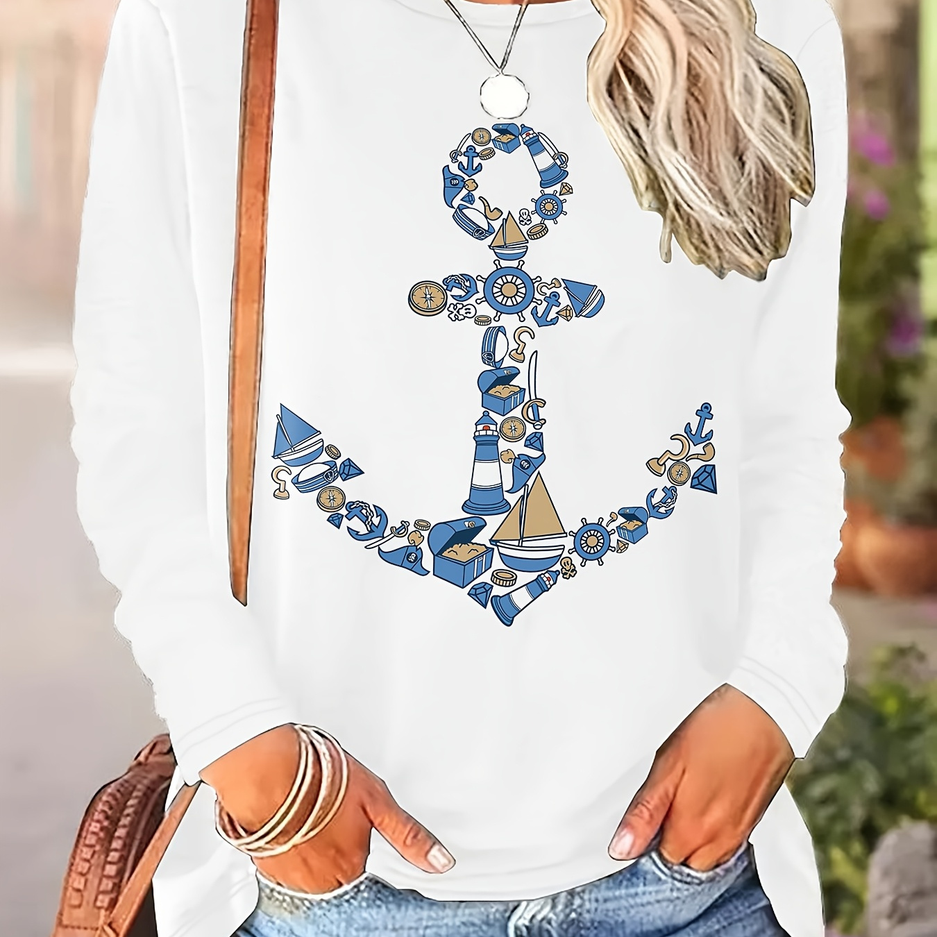 

Women's Casual Crew Neck Long Sleeve T-shirt, Polyester Knit Fabric, Regular Length, With Geometric Nautical Anchor Print, For Spring/summer/fall