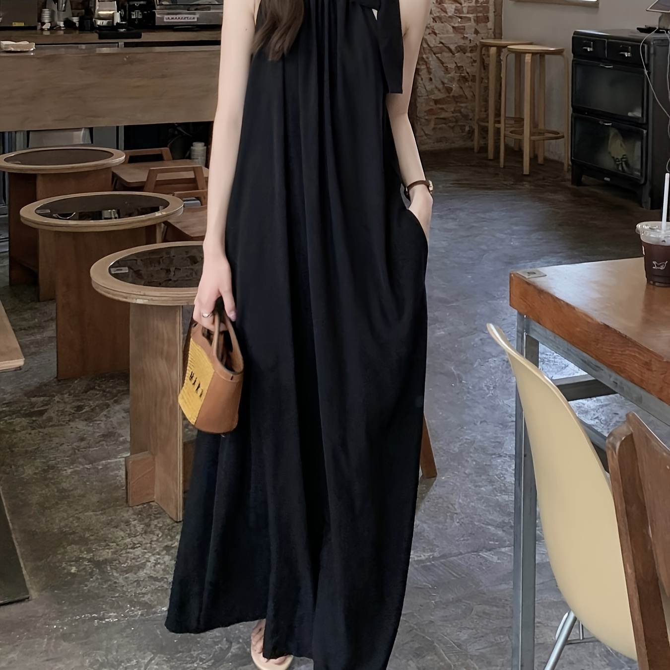 

Sleeveless Tied Mock Neck Dress, Chic Solid Color Ankle Length Loose Dress For Spring & Summer, Women's Clothing