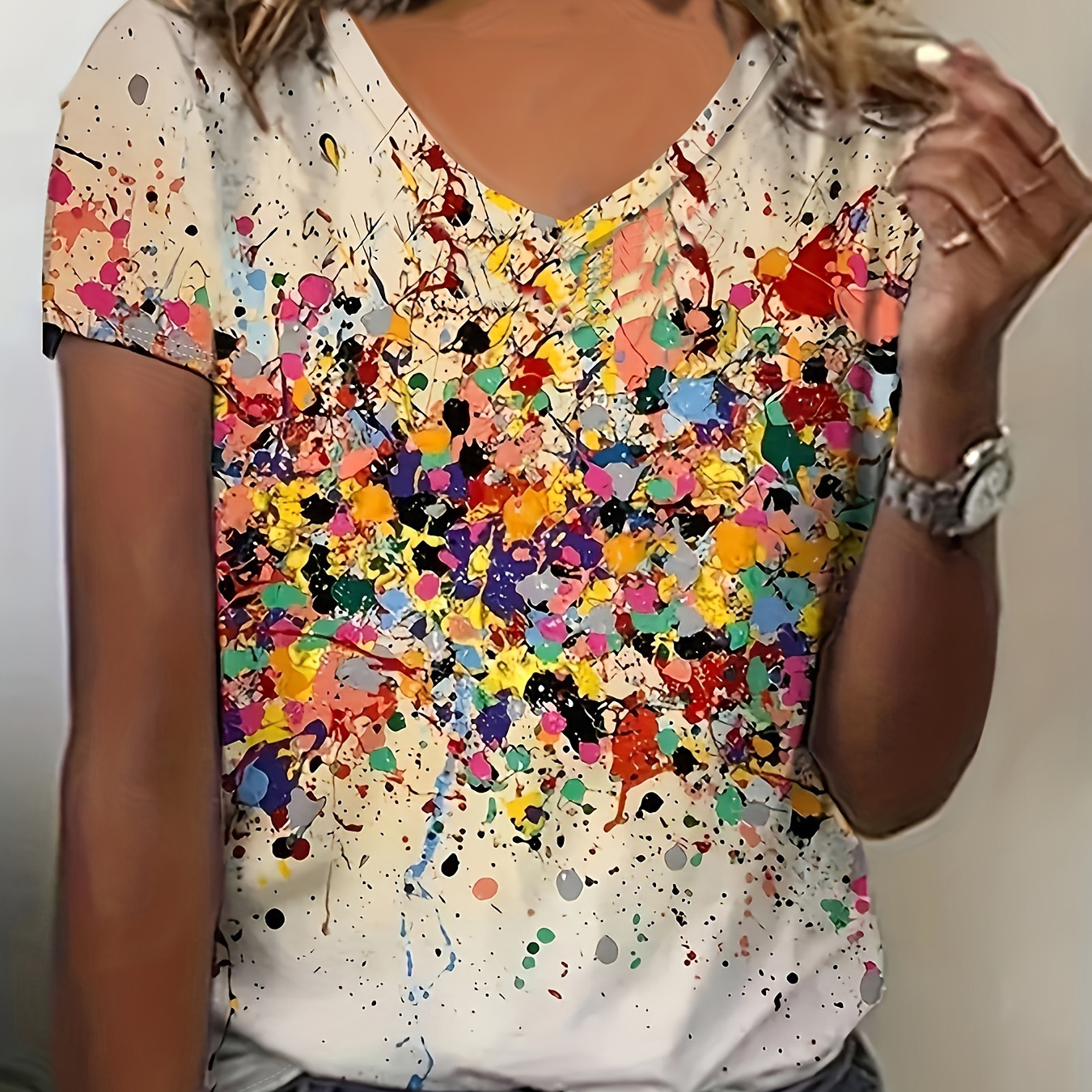 

Oil Painting Print V Neck T-shirt, Casual Short Sleeve Summer Daily Top, Women's Clothing