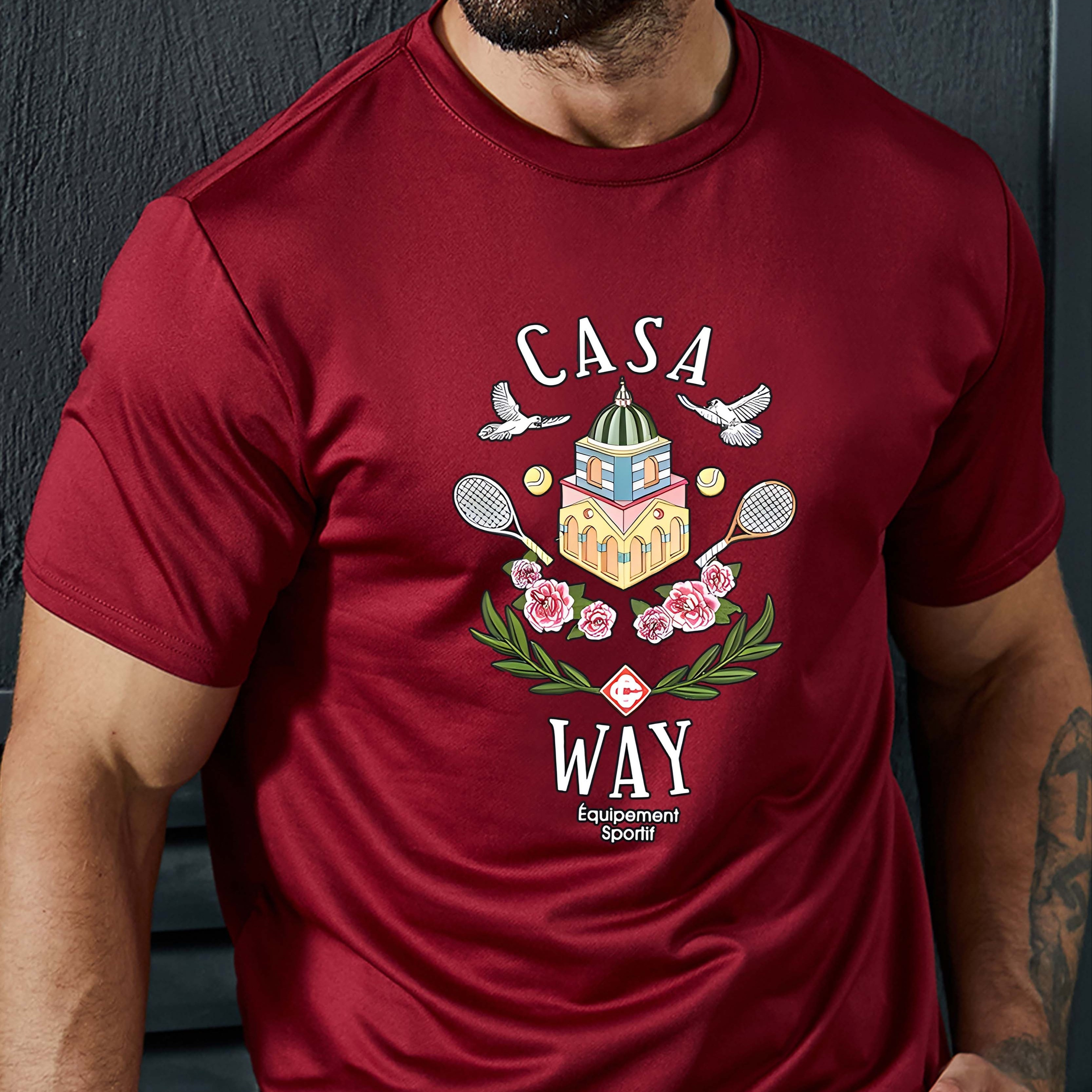 

' Casa Way ' T-shirt décontracté à imprimé créatif pour homme, haut d'été et de printemps à manches courtes, coupe confortable, t-shirt élégant à col rond pour tous les jours