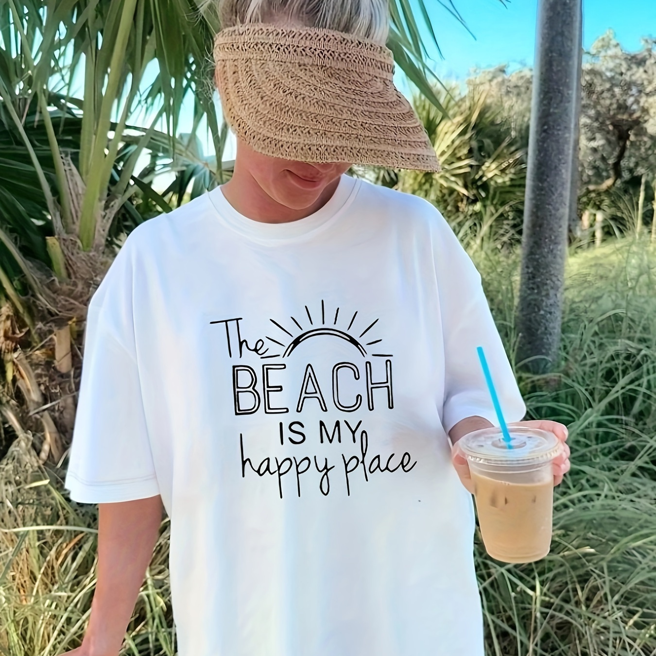

The Beach Is My Happy Place Print T-shirt, Short Sleeve Crew Neck Casual Top For Summer & Spring, Women's Clothing