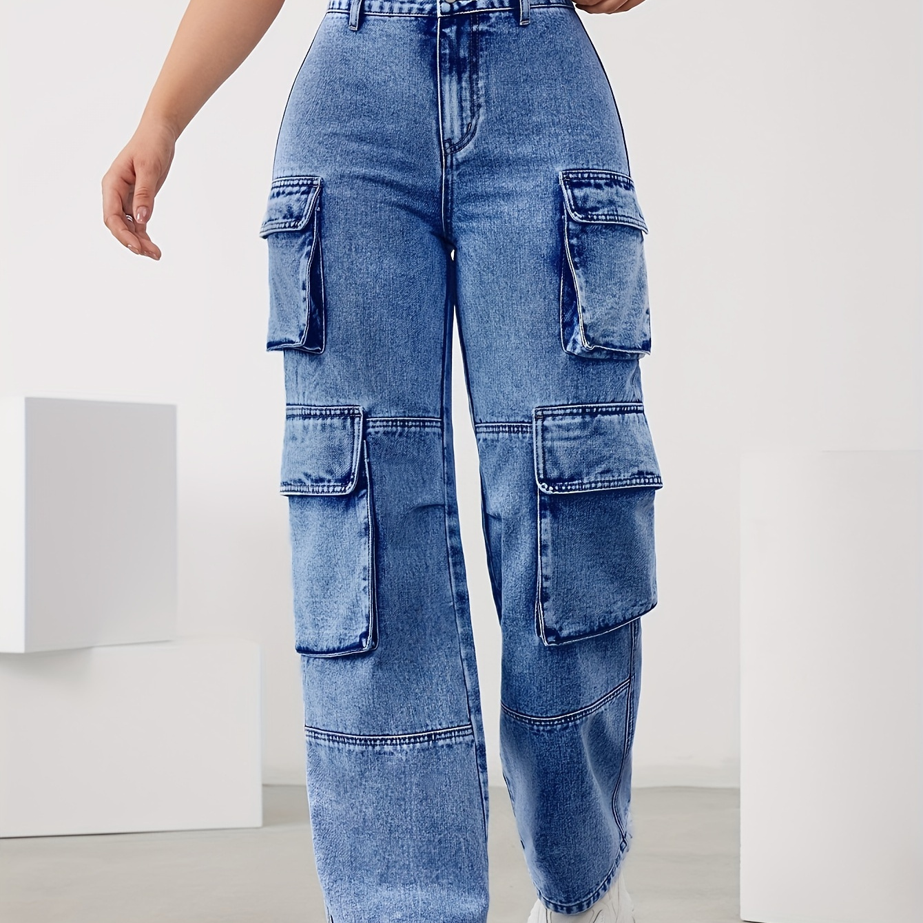 

Women's Casual Style Plain Multi-pocket Cargo Denim Jeans, High Waist, Loose Fit Fashion Pants For Daily Wear