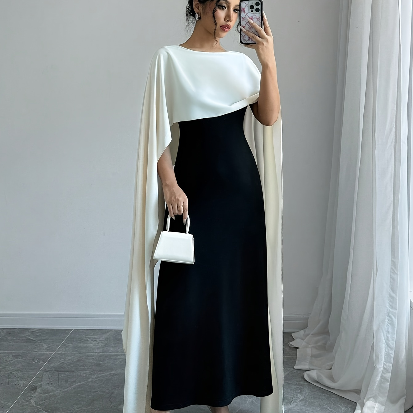 

Elegant Party Dress For Women With Contrast Shawl - Polyester And Elastane Blend Kimono Style Gown With Crew Neck, Solid Color, Knit Fabric