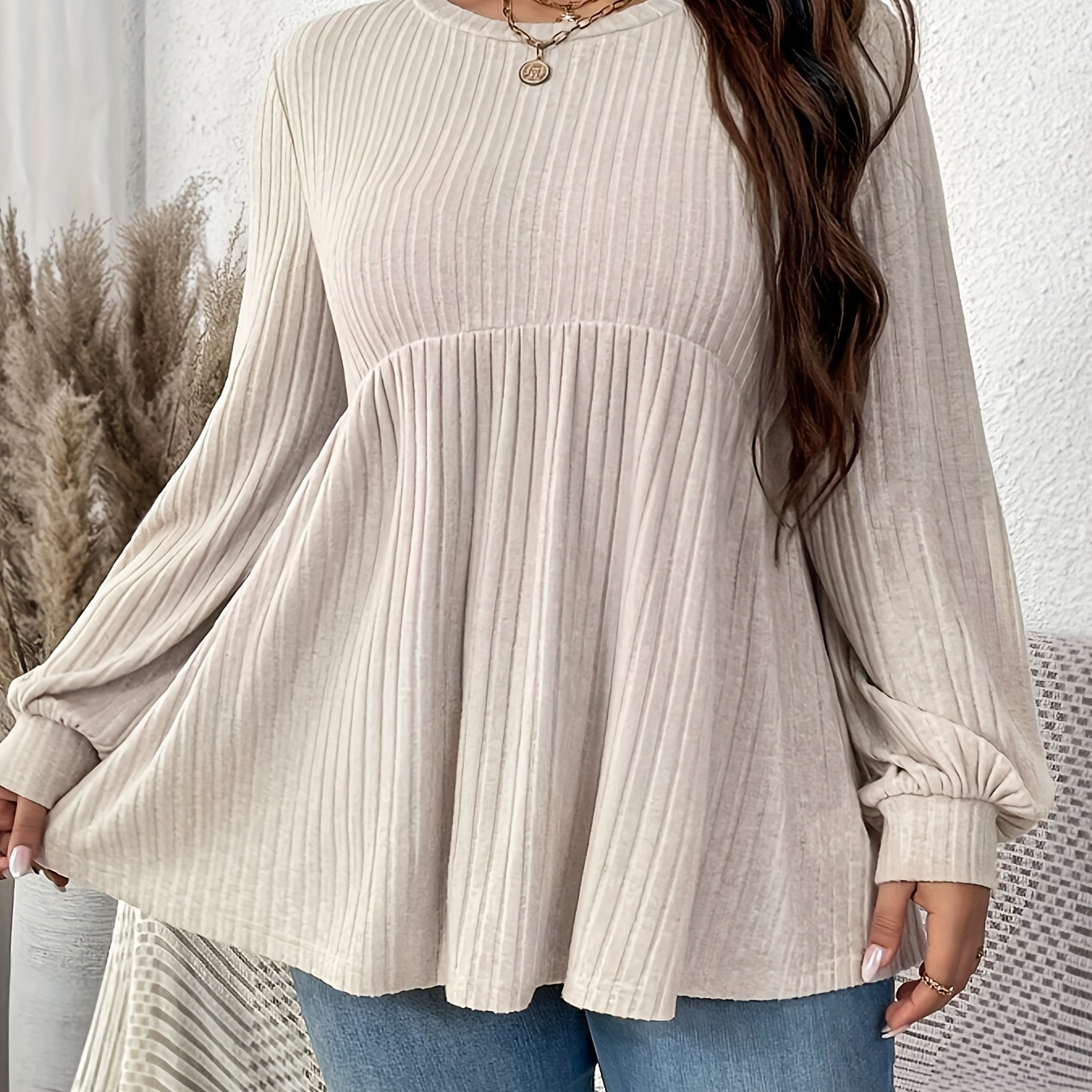 

Size Women's T-shirt - Casual Long Sleeve, Crew Neck, Ribbed Knit Top In Solid Colors, Plus Size Tshirts