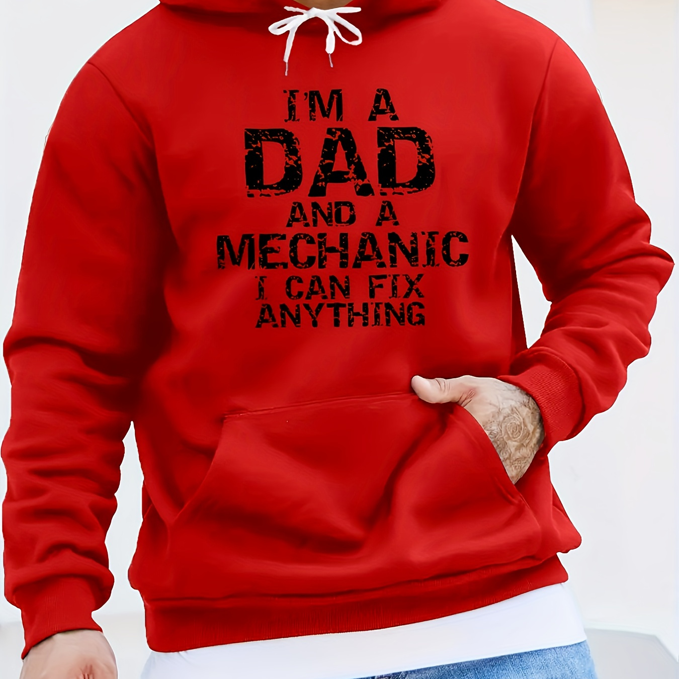 

I'm A Dad And A Mechanic I Can Fix Anything Print Kangaroo Pocket Hoodie, Casual Long Sleeve Hoodies Pullover Sweatshirt, Men's Clothing, For Fall Winter