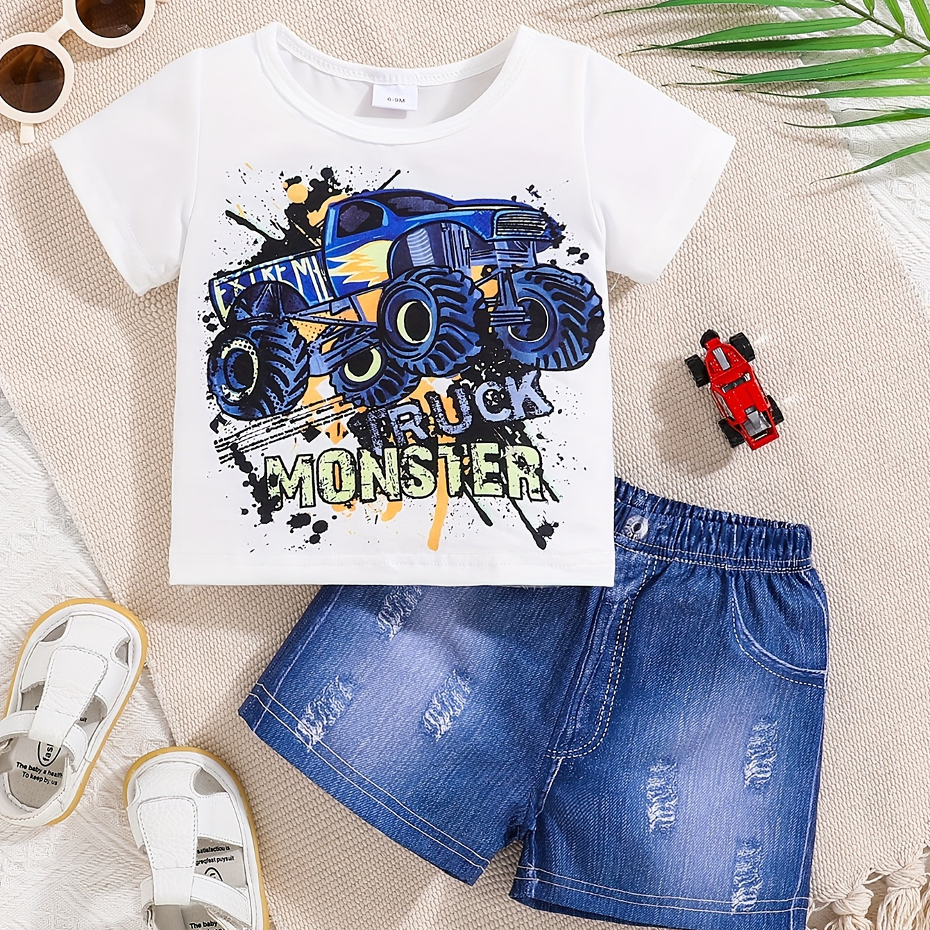 

2pcs Baby Boys Toddler Short Sleeve T-shirt & Denim Look Shorts Set, Casual Cool Monster Truck Print, Faux Button Pockets, Summer Outfit - Cute Style