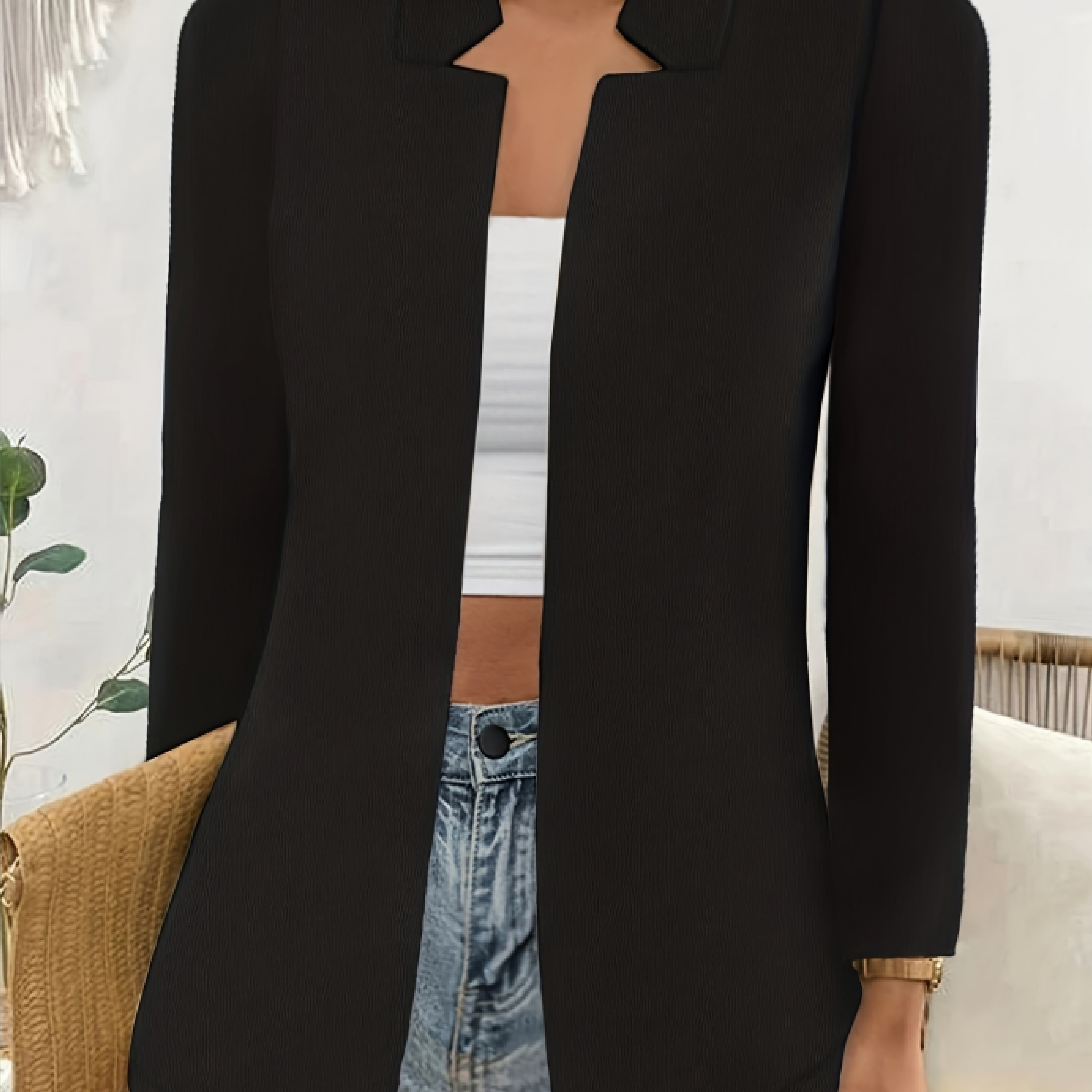 Plus Size Elegant Blazer, Women's Plus Solid Split Lapel Collar Open Front Long Sleeve Slight Stretch Slim Fit Blazer