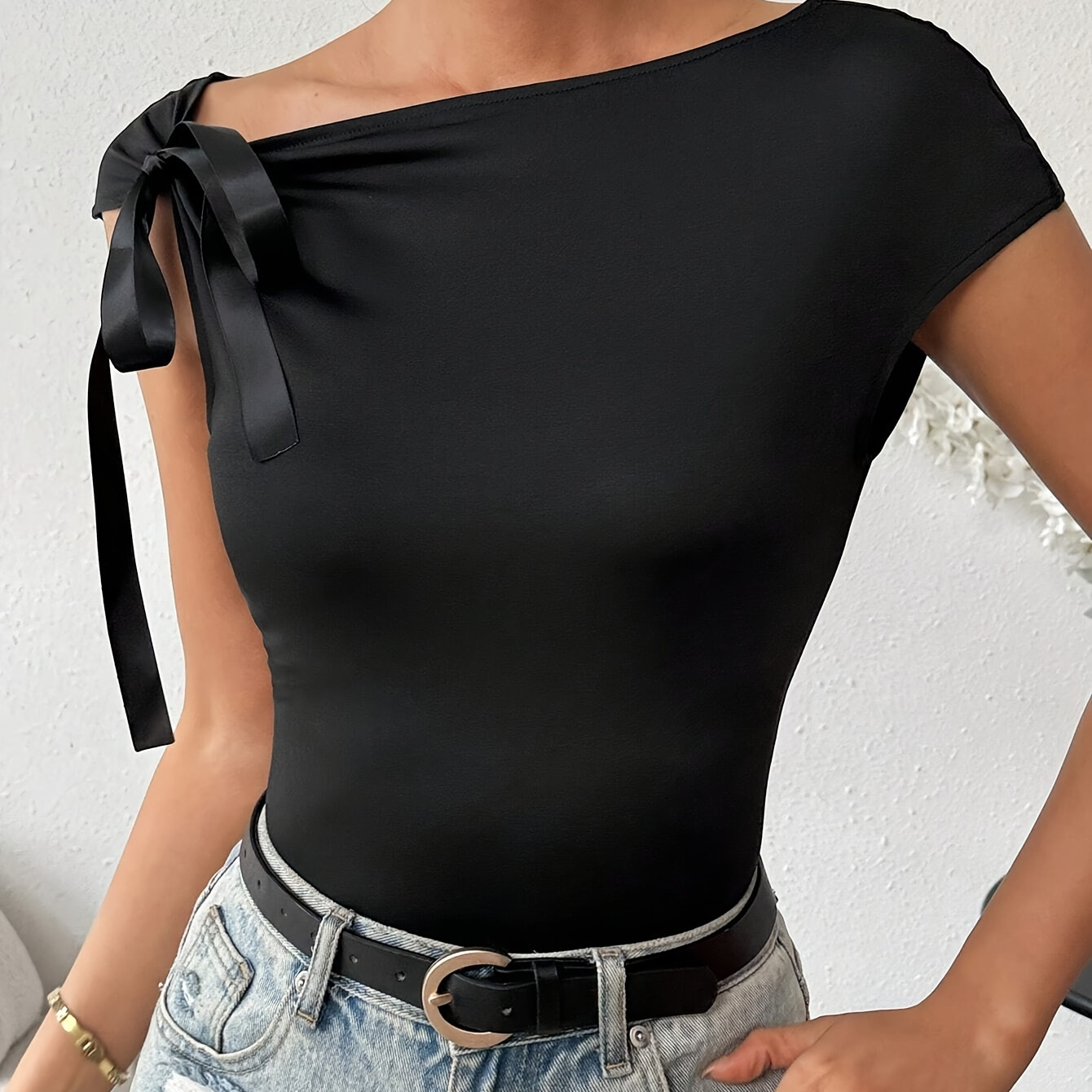 

Solid Side Tie Slim T-shirt, Elegant Asymmetrical T-shirt For Spring & Summer, Women's Clothing