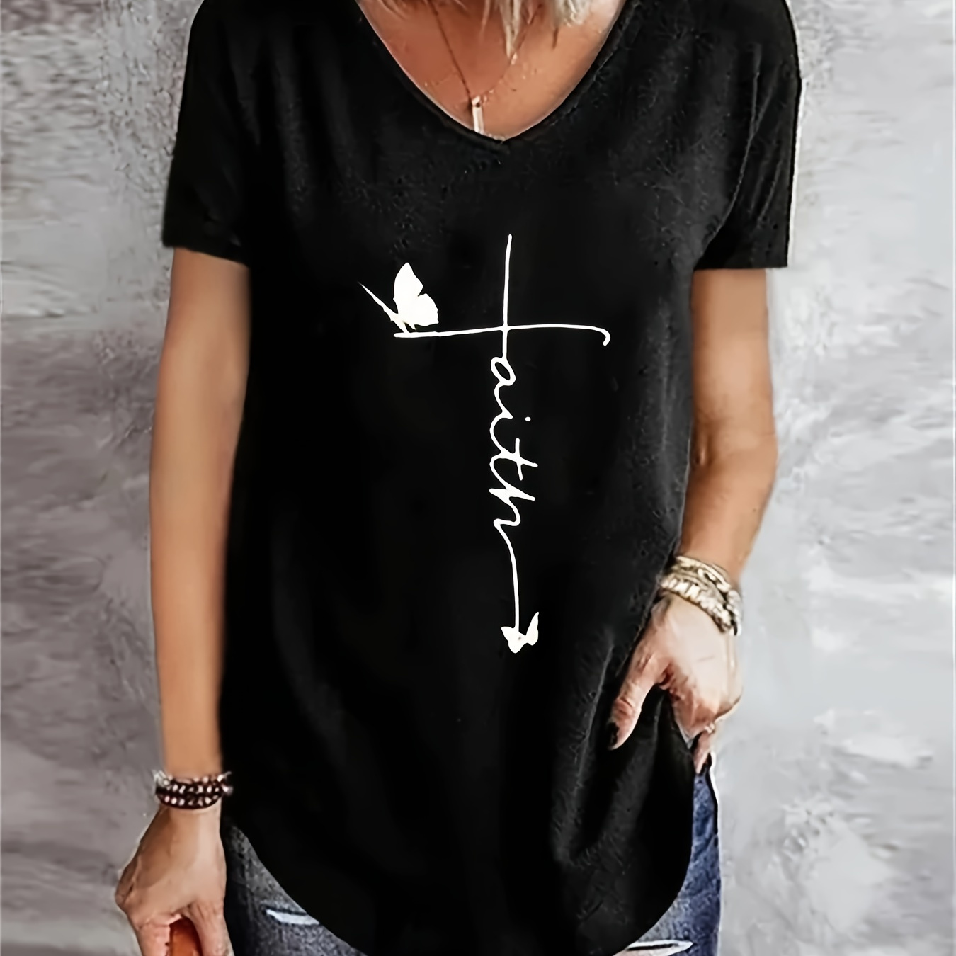 

Faith & Butterfly Print T-shirt, Casual Short Sleeve V Neck Top, Women's Clothing