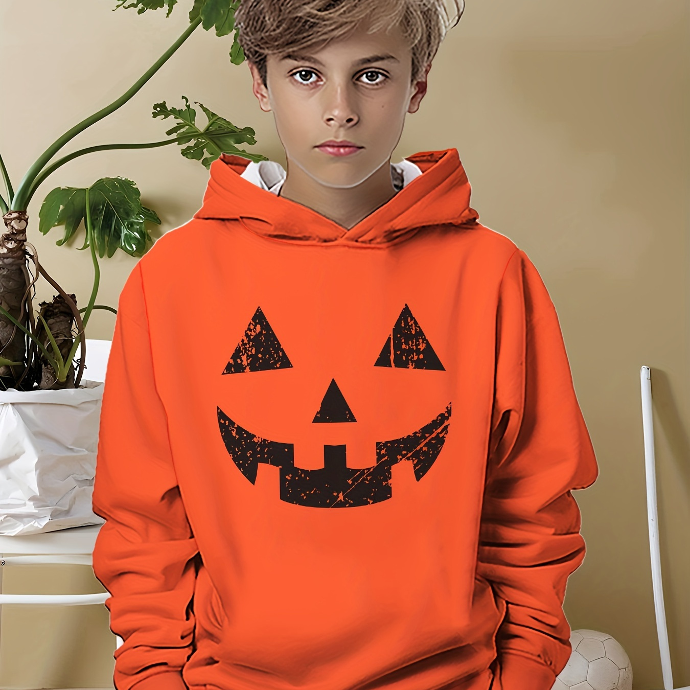 

Pumpkin Face Print Hoodie, Cool Long Sleeve Hoodies For Boys, Boys Casual Creative Graphic Design Pullover, Crew Collar Hooded Sweatshirt, For Fall And Spring