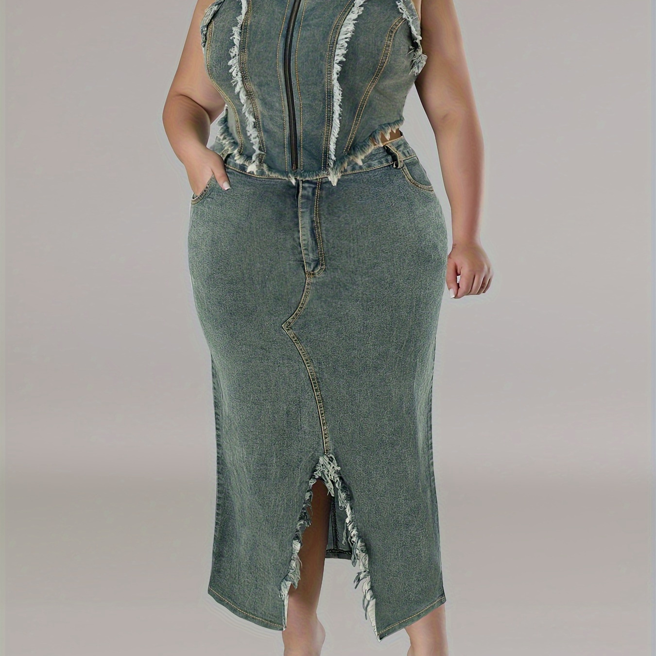 

Women's Plus Size Denim Top & Skirt Set, Casual Sleeveless Jean Dress With Frayed Hem Detail, Zippertrendy Streetwear For Full-figured Fashion