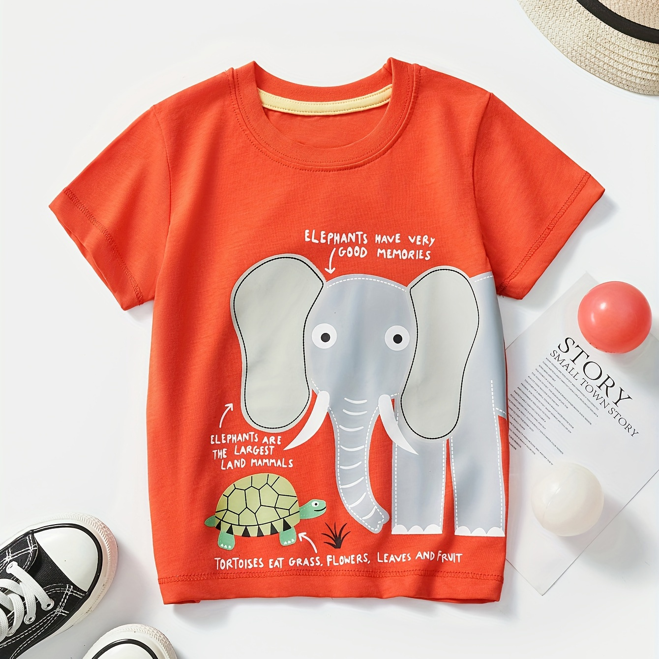 

Cartoon Elephant Print 100% Cotton Tee Tops, Boy's Casual Short Sleeve Comfortable Versatile Summer T-shirt