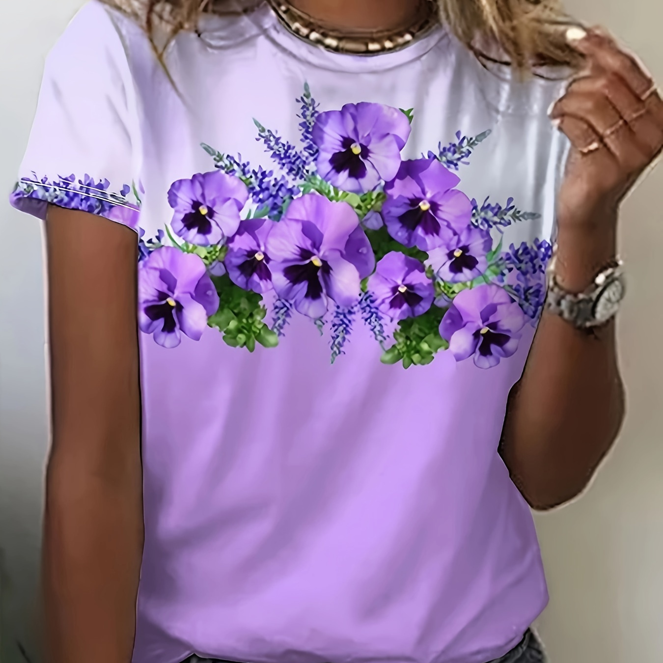 

1pc Women's Floral Print T-shirt, 100% Polyester Crew Neck Short Sleeve Casual Top, Summer Knit Fabric Tee With Geometric , -, Loose Fit, Amazon