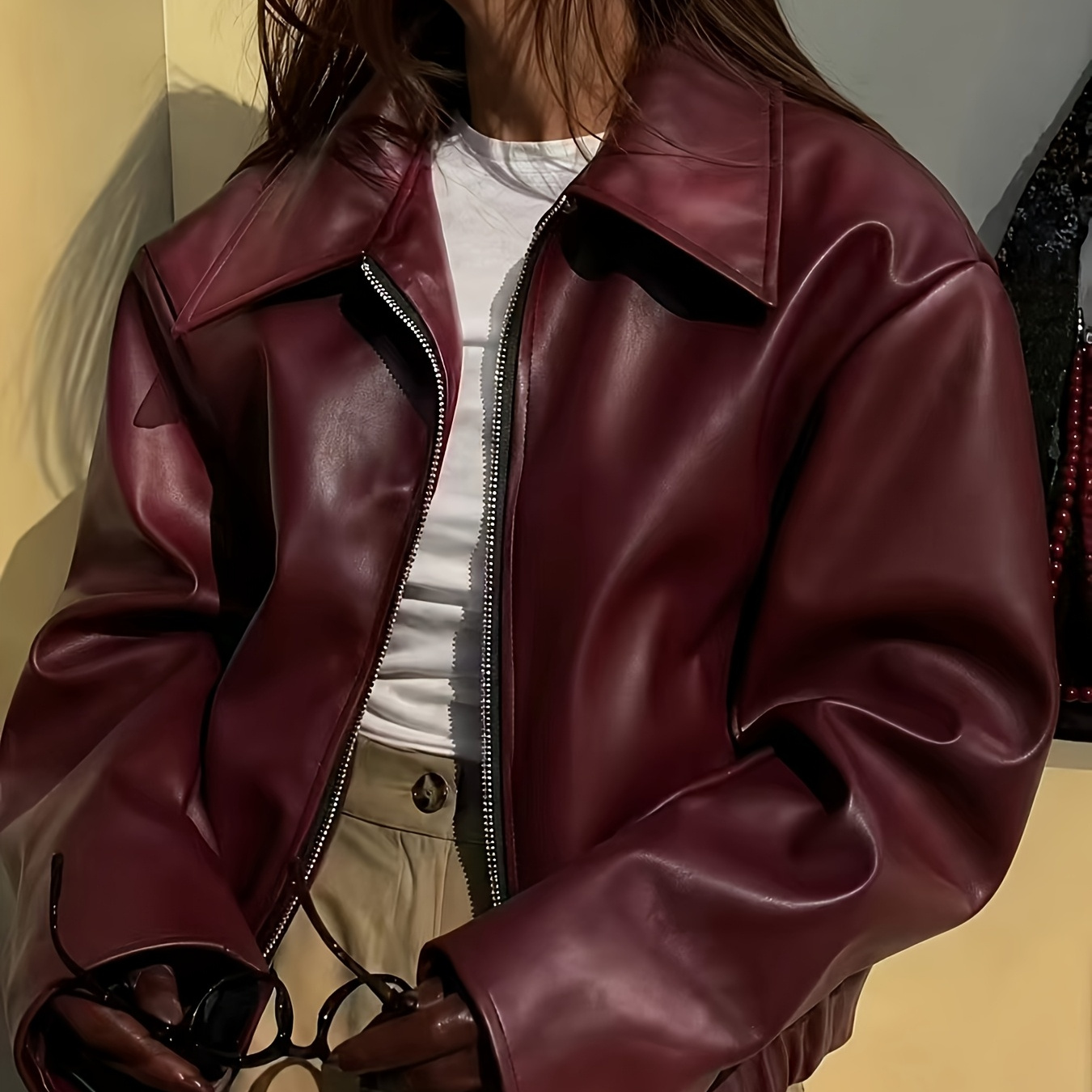 Women's Burgundy Faux Leather Zip Jacket
