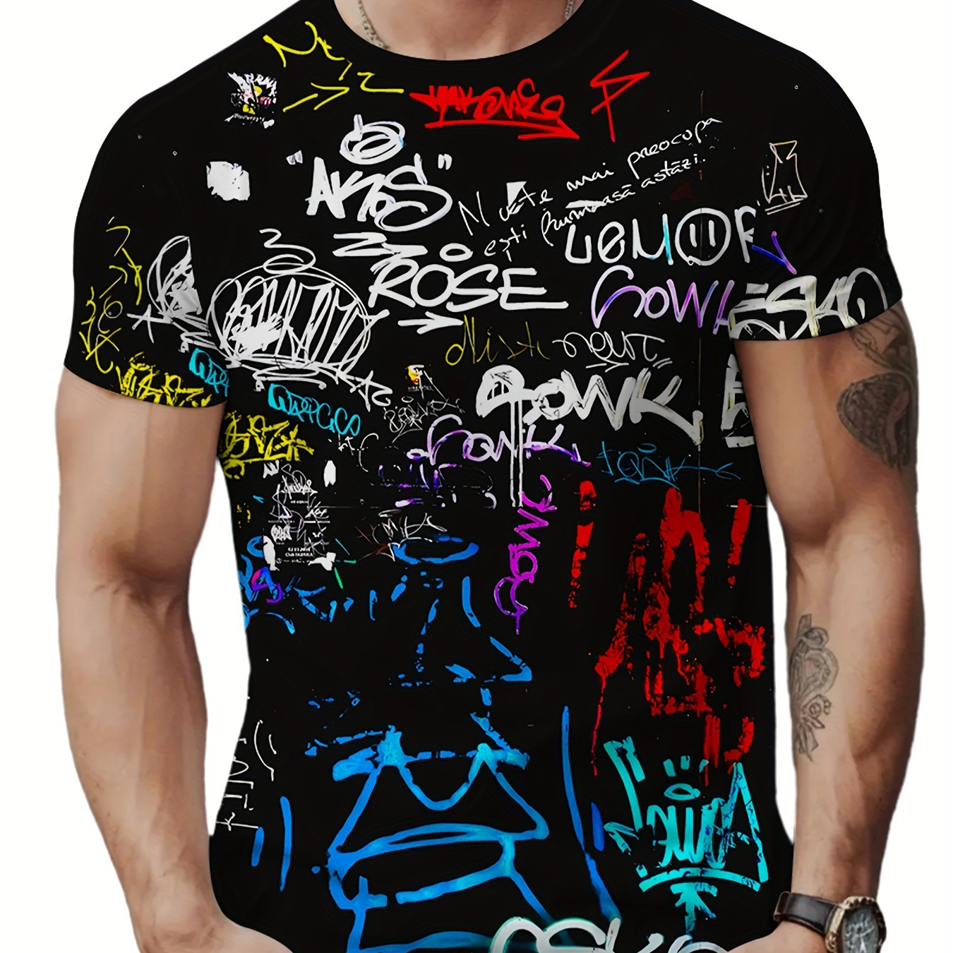 

Men's Vibrant 3d Graffiti Print T-shirt - Casual Streetwear, Breathable Polyester, Round Neck, Machine Washable For Summer & Spring Outdoor Activities, Athletic Leisurewear|edgy Graphic Tshirt| Shirt