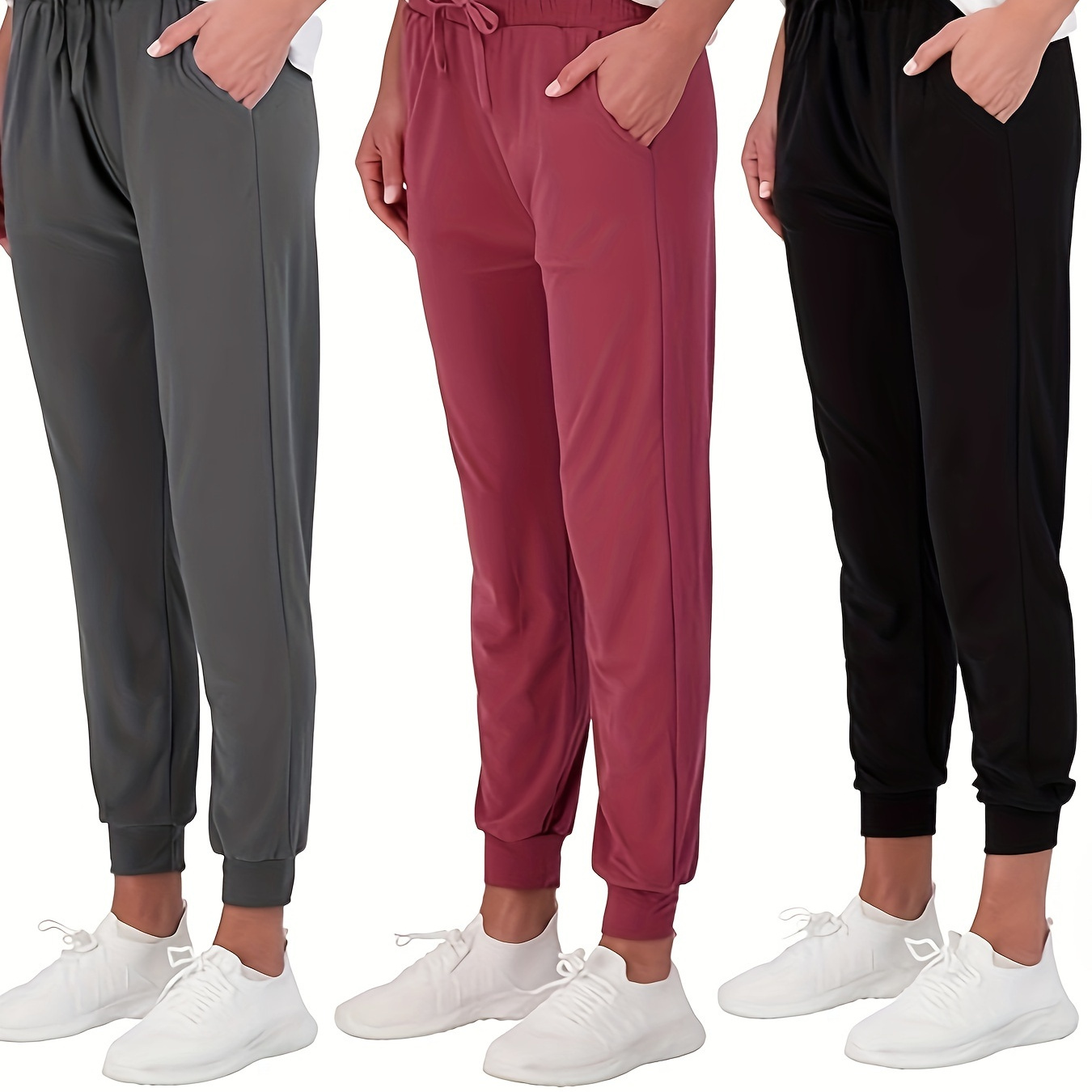 

3 pantalons de couleur unie avec poches inclinées, taille décontractée à cordon de serrage, bas ajustés, vêtements pour femmes.