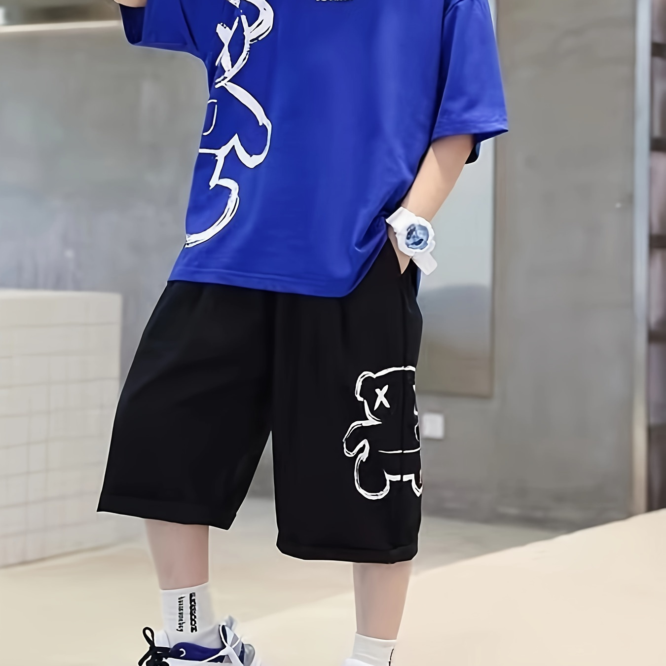 

2pcs Boys Casual Cute Bear And Letter Graphic Print Short Sleeve T-shirt & Shorts Set, Comfy Summer Boys Clothes