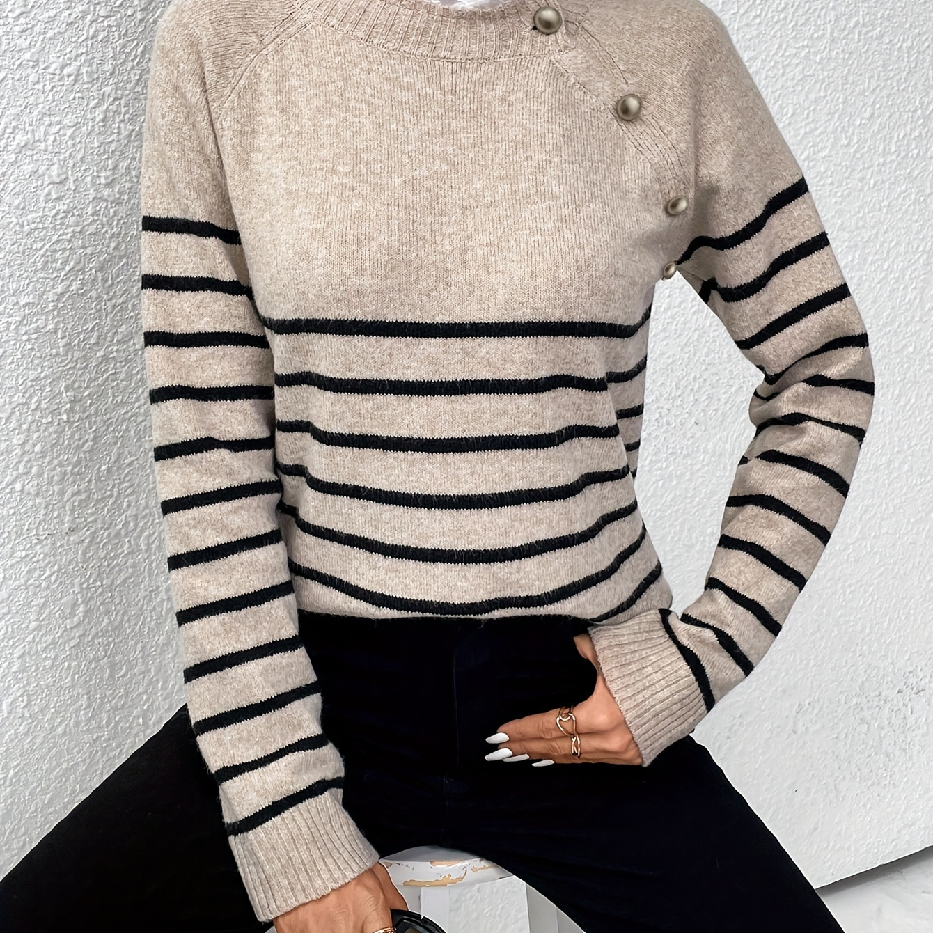 

Stripes Print Crew Neck Pullover Sweater, Casual Button Decor Long Sleeve Knitted Sweater For Fall & Spring, Women's Clothing