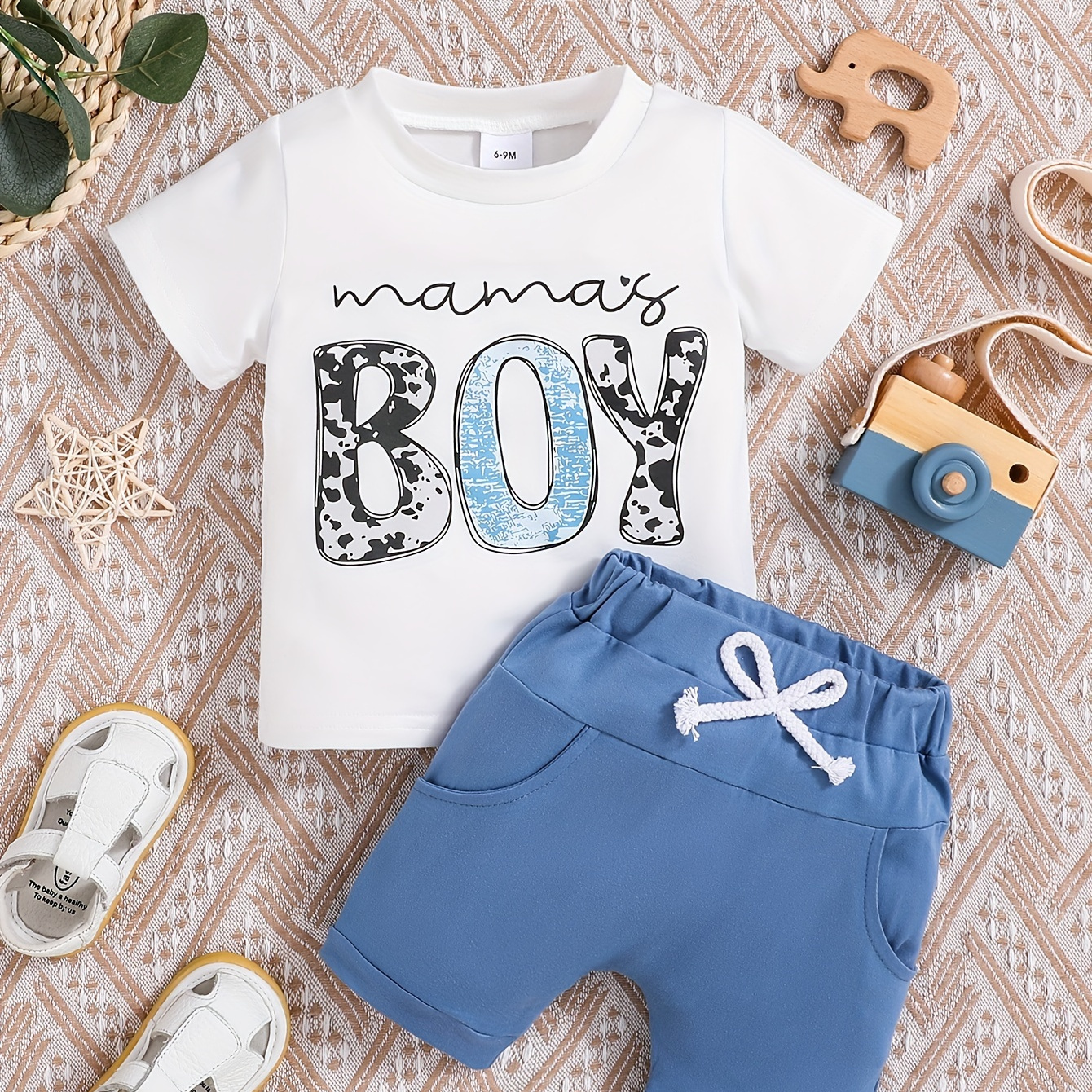 

2pcs Baby's Cow Pattern "mama's Boy" Print Summer Set, T-shirt & Solid Color Shorts, Baby Boy's Clothing, As Gift