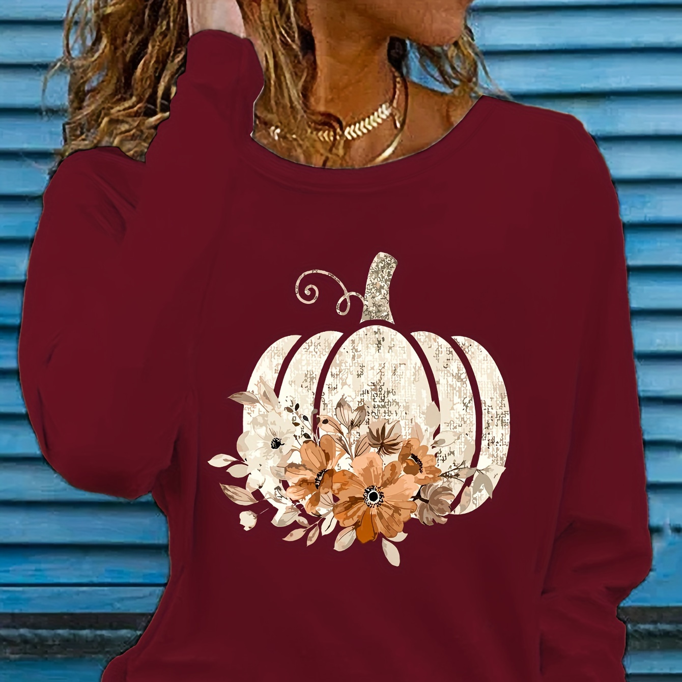 

Pumpkin Print T-shirt, Long Sleeve Crew Neck Casual Top For Spring & Fall, Women's Clothing