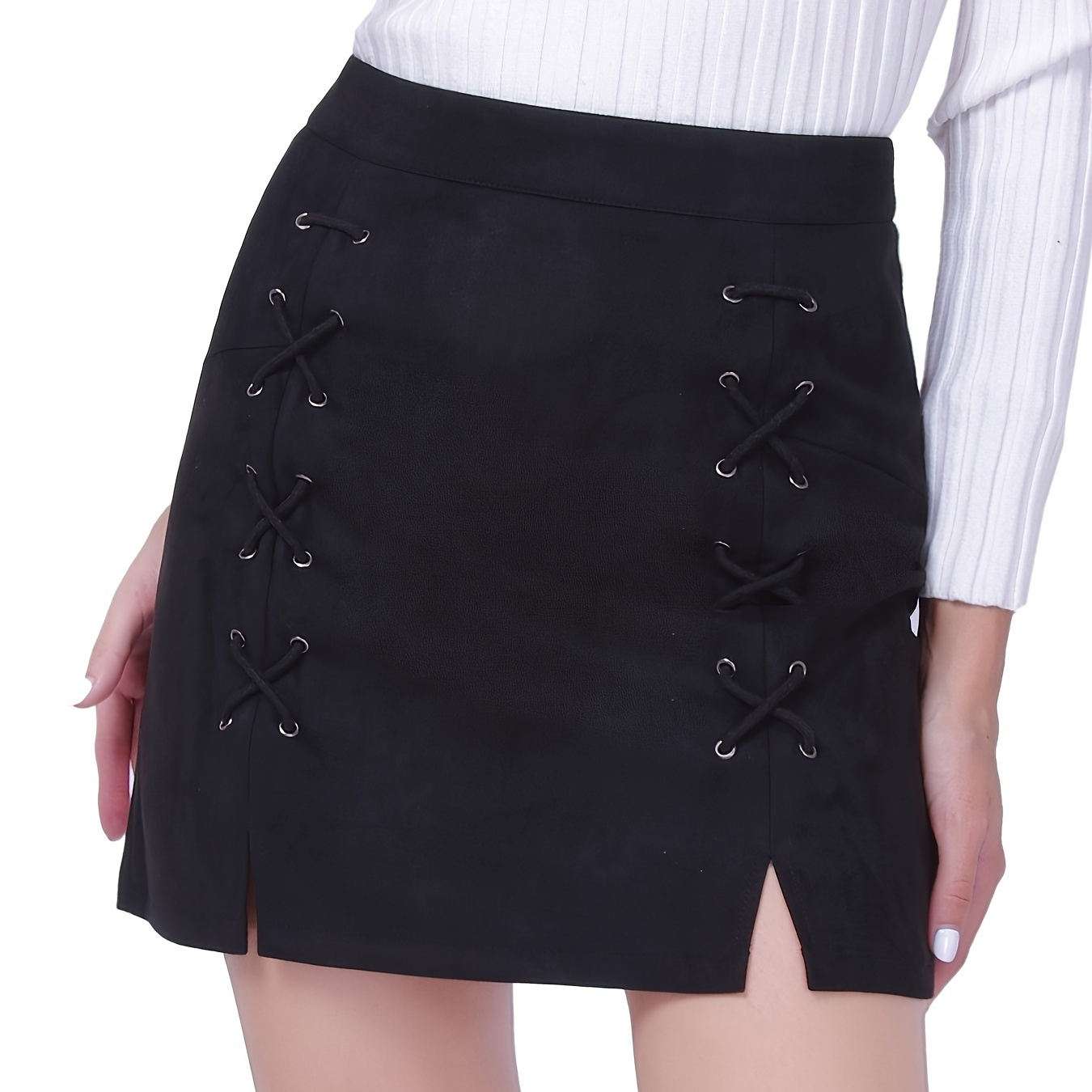 Foral Lace Trim Solid Skirt Sexy Side Split Stretch - Temu Canada
