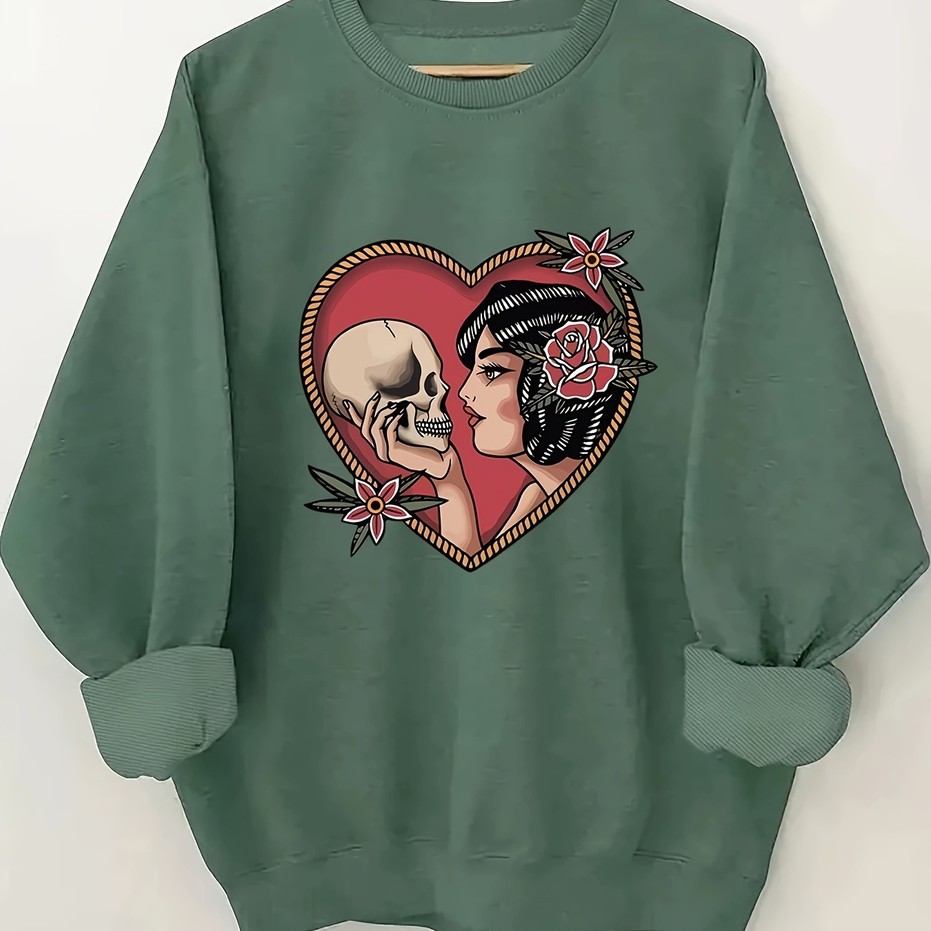 

Plus Size Skull & Heart Print Sweatshirt, Casual Long Sleeve Crew Neck Sweatshirt, Women's Plus Size Clothing