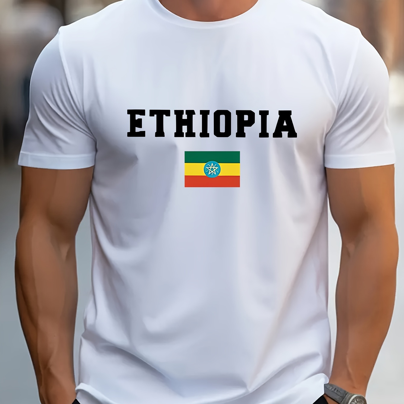 

Flag Of Ethiopia Print Men's Fashion Comfy Breathable T-shirt, New Casual Round Neck Short Sleeve Tee For Spring Summer Men's Clothing