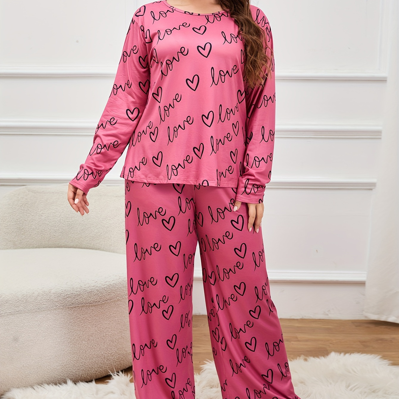 Plus Size Casual Pajama Set, Women's Plus Heart & Letter Print Long Sleeve Round Neck Tee & Pants Lounge Two Piece Set