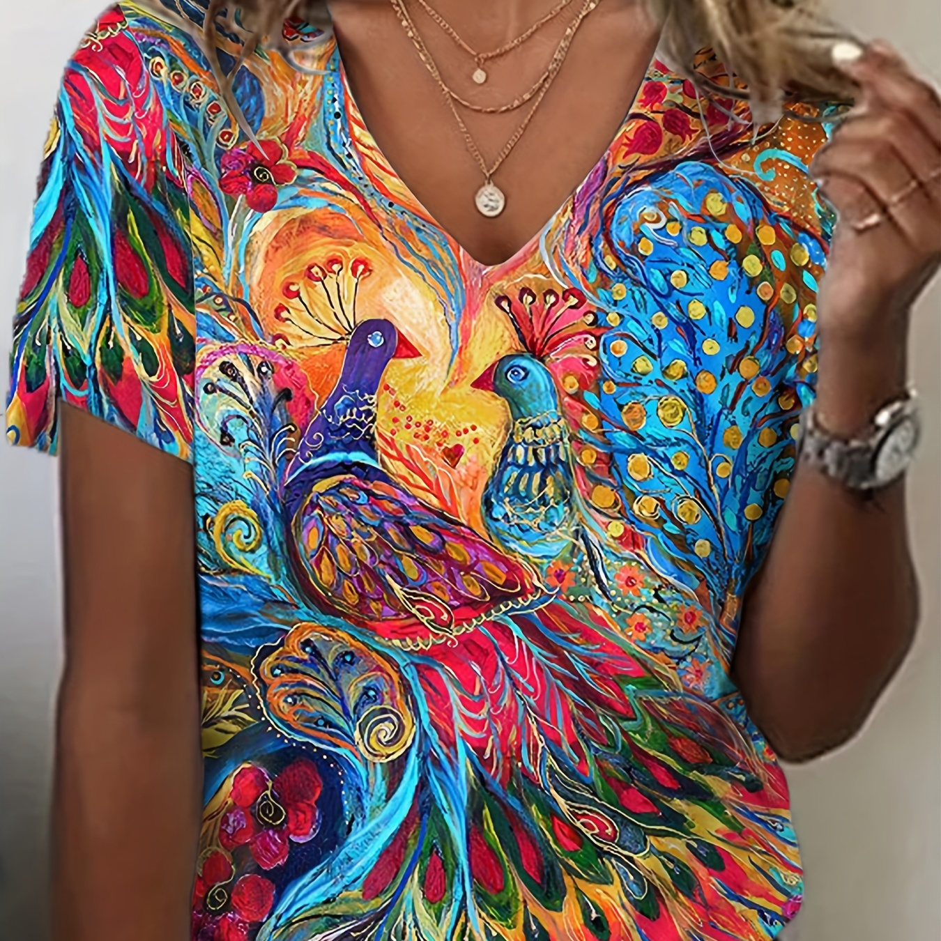 

Plus Size Casual Top, Women's Plus Peacock Painting Print Short Sleeve V Neck Medium Stretch Tee