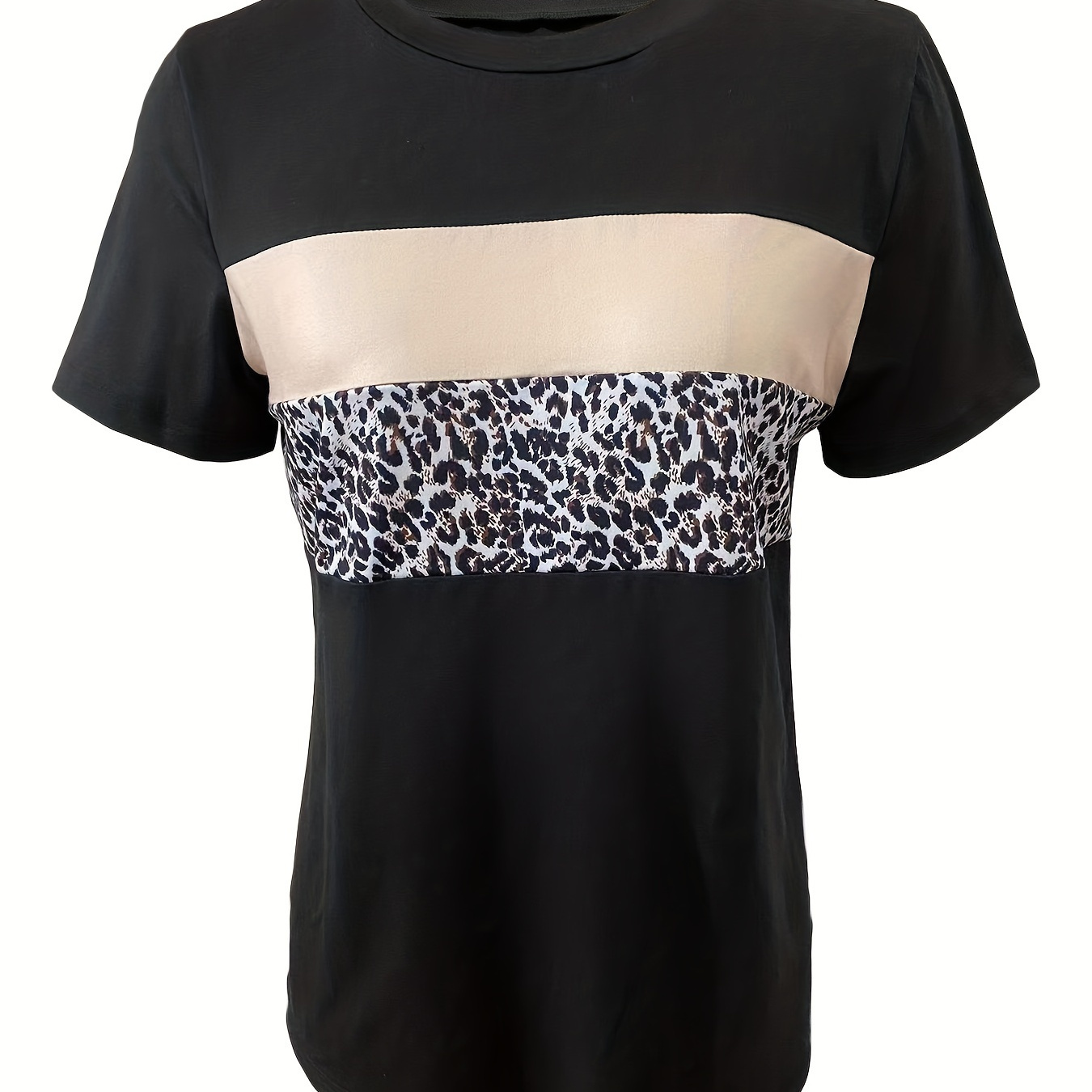 

Leopard Print Colorblock Crew Neck T-shirt, Casual Short Sleeve Top For Spring & Summer, Women's Clothing