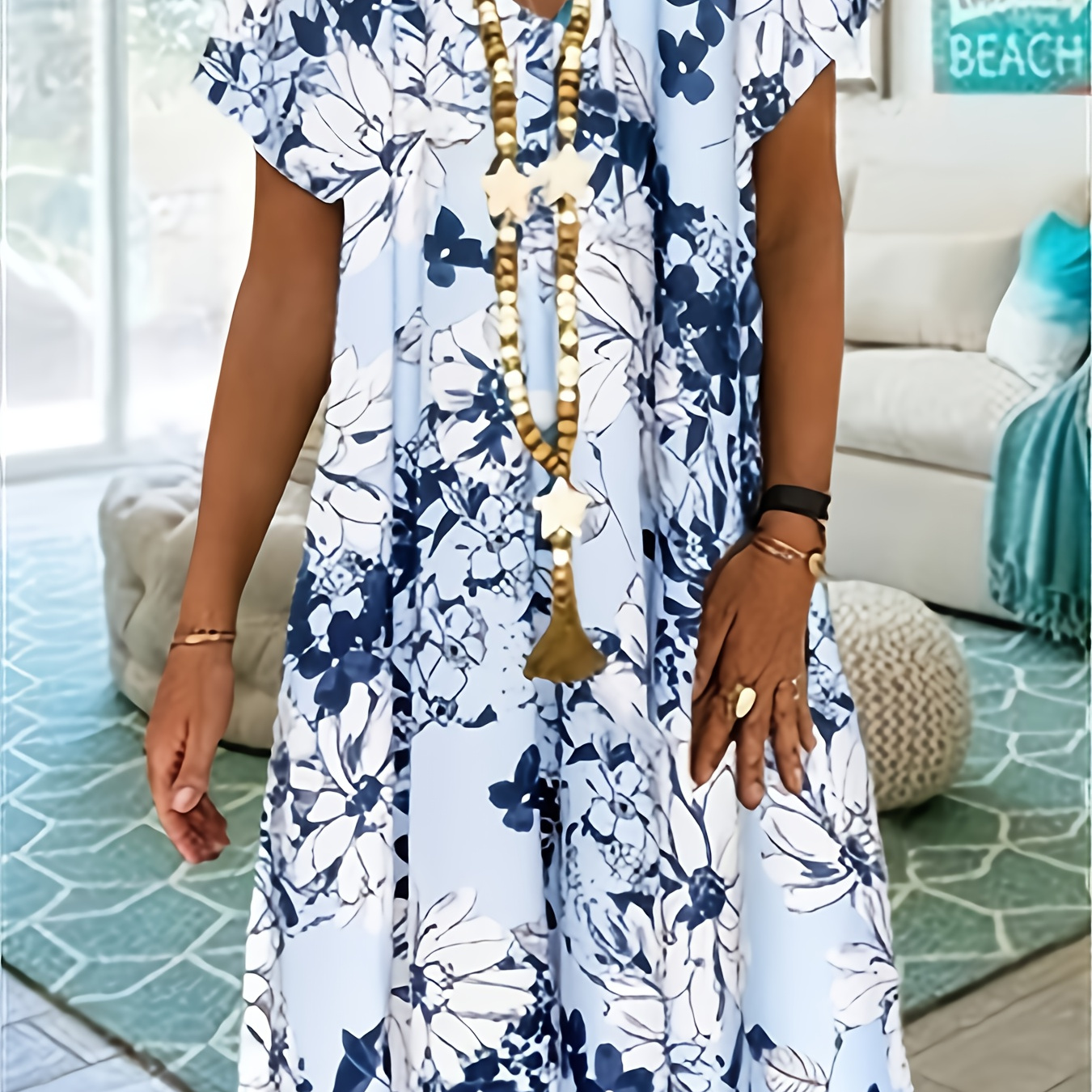 

Plus Size Floral Print V Neck Dress, Elegant Short Sleeve Dress For Spring & Summer, Women's Plus Size Clothing