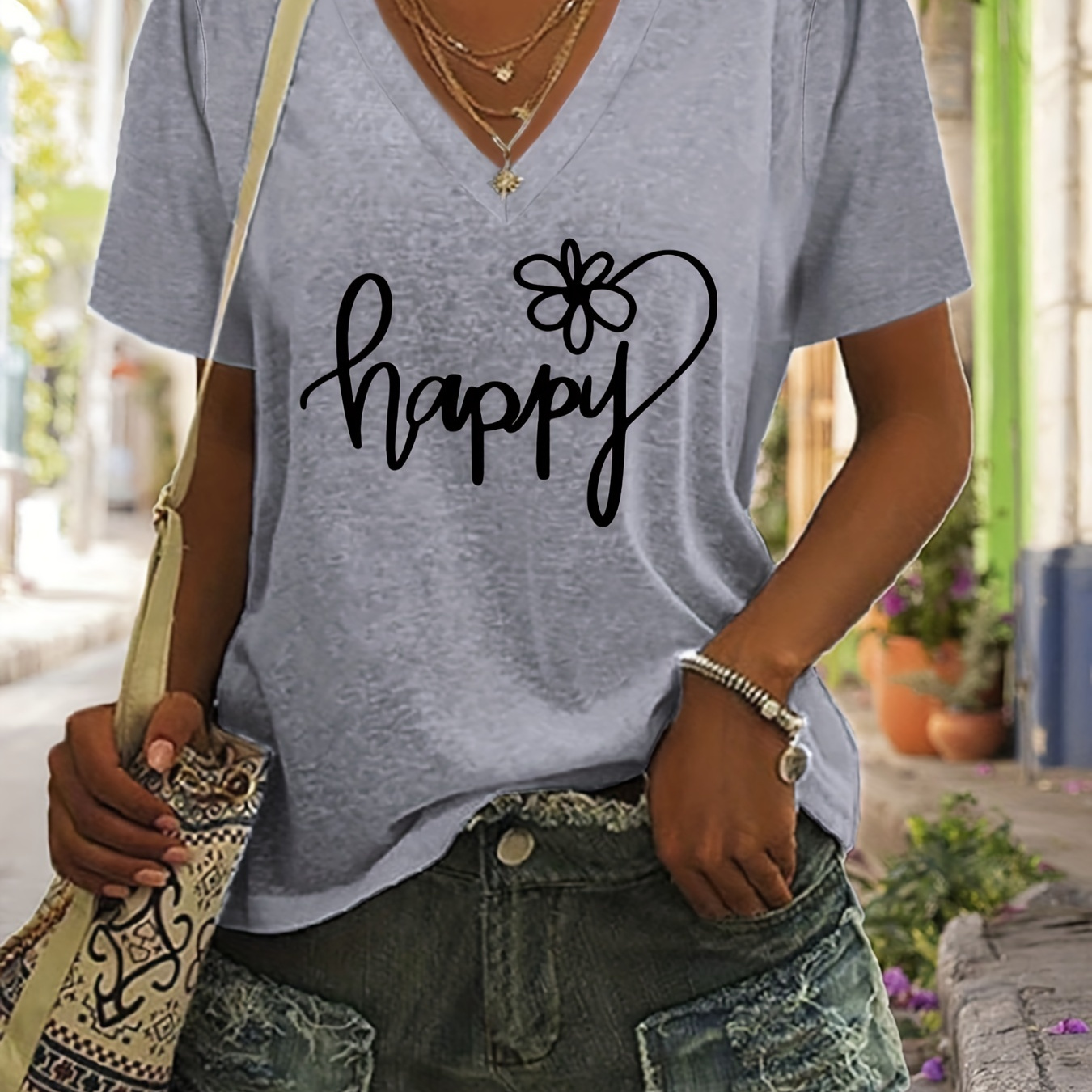 

Happy Print T-shirt, Short Sleeve V Neck Summer Casual Top, Women's Clothing