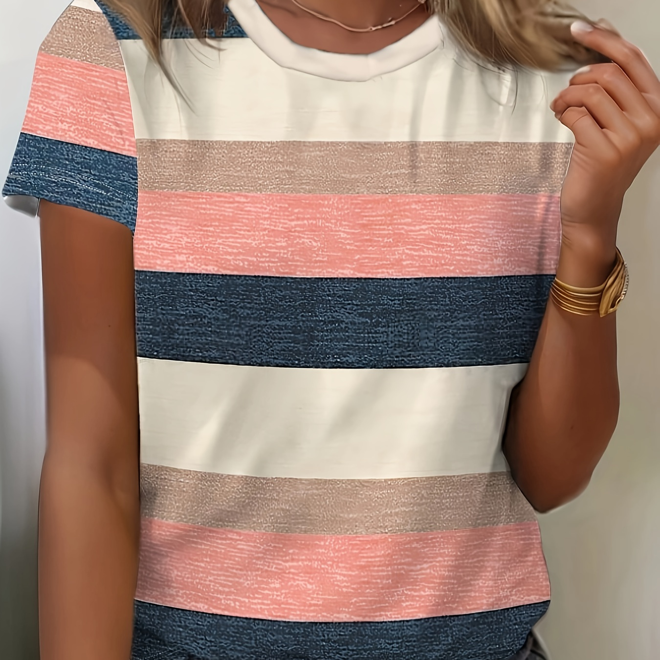 

Women' Striped Knit T-shirt, 95% Polyester 5% Spandex, Crew Neck, Short Sleeve, Casual Spring/summer Top, 200g/m² Fabric Weight, Regular Length