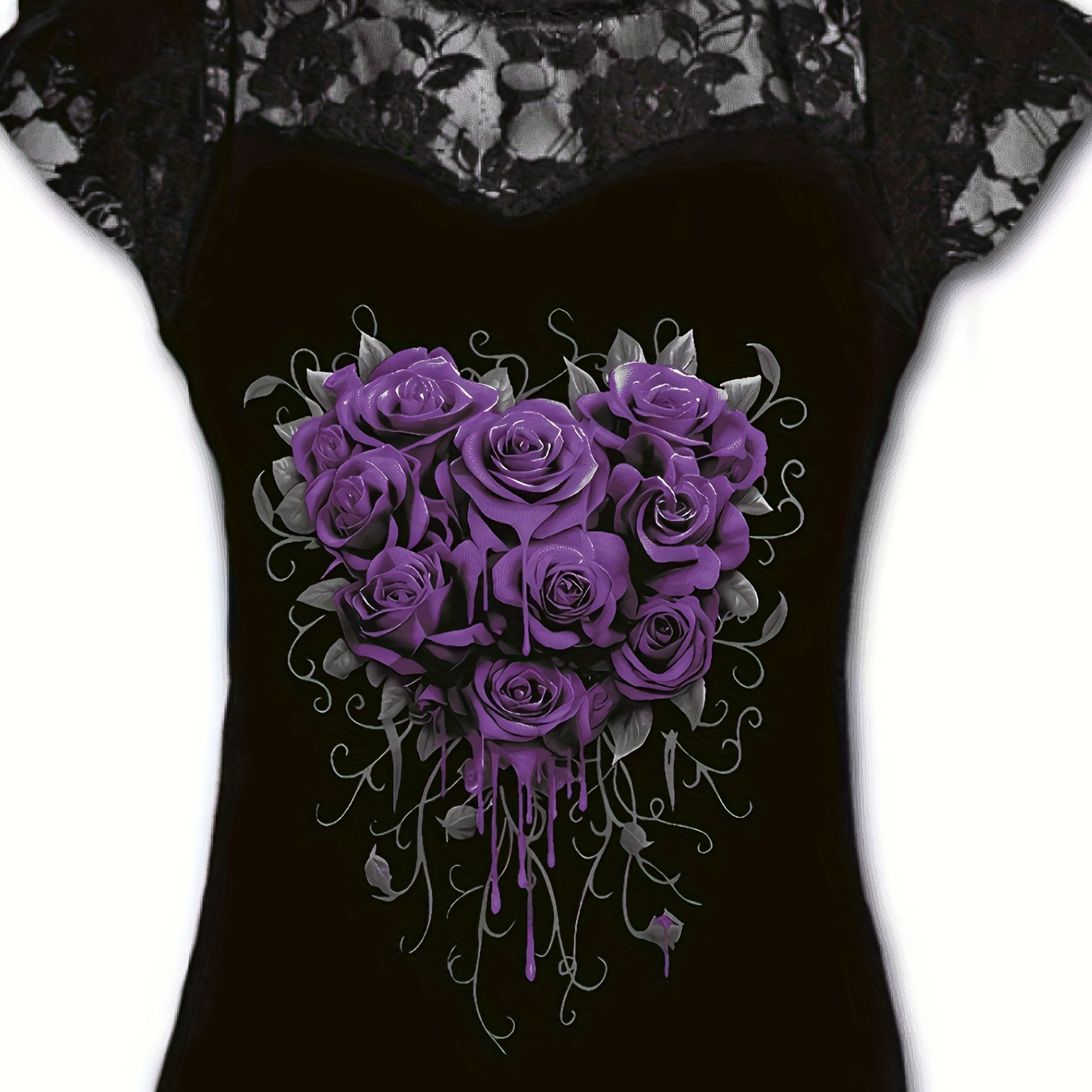 

Lace Stitching Rose Print T-shirt, Casual Cap Sleeve Top For Spring & Summer, Women's Clothing