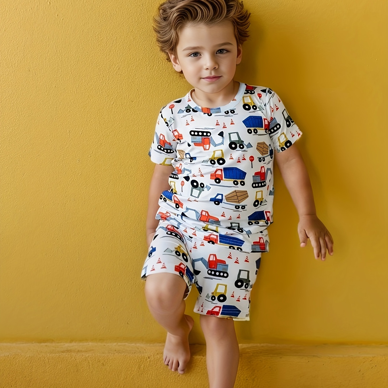 

Boys 2pcs Fashion Pajamas Set, Cartoon Truck Bulldozer Print Pattern Short Sleeve Pullover Top + Shorts Cute Loungewear Set