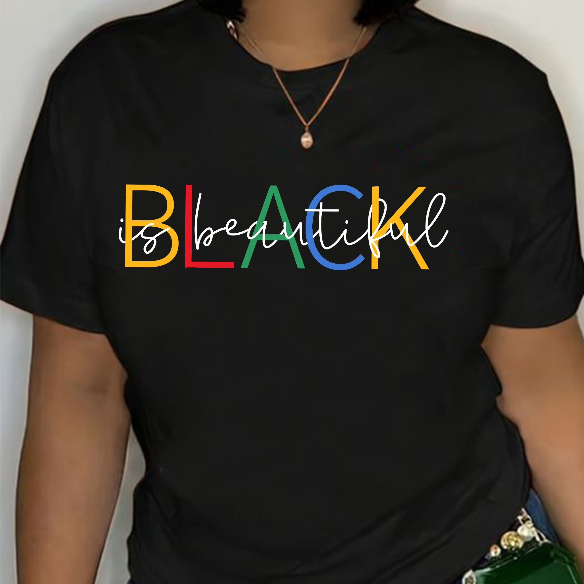 

Vibrant 'beautiful' Letter Print T-shirt - Casual Black Crew Neck, Short Sleeve, 100% Polyester, Machine Washable - , Women'