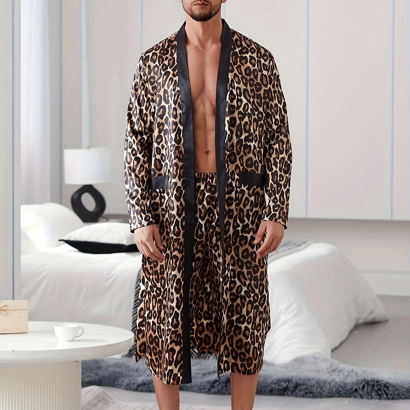 

Latest Men's Gentle Leopard Pajama Set, Premium Print Design Sleep Robe & Short