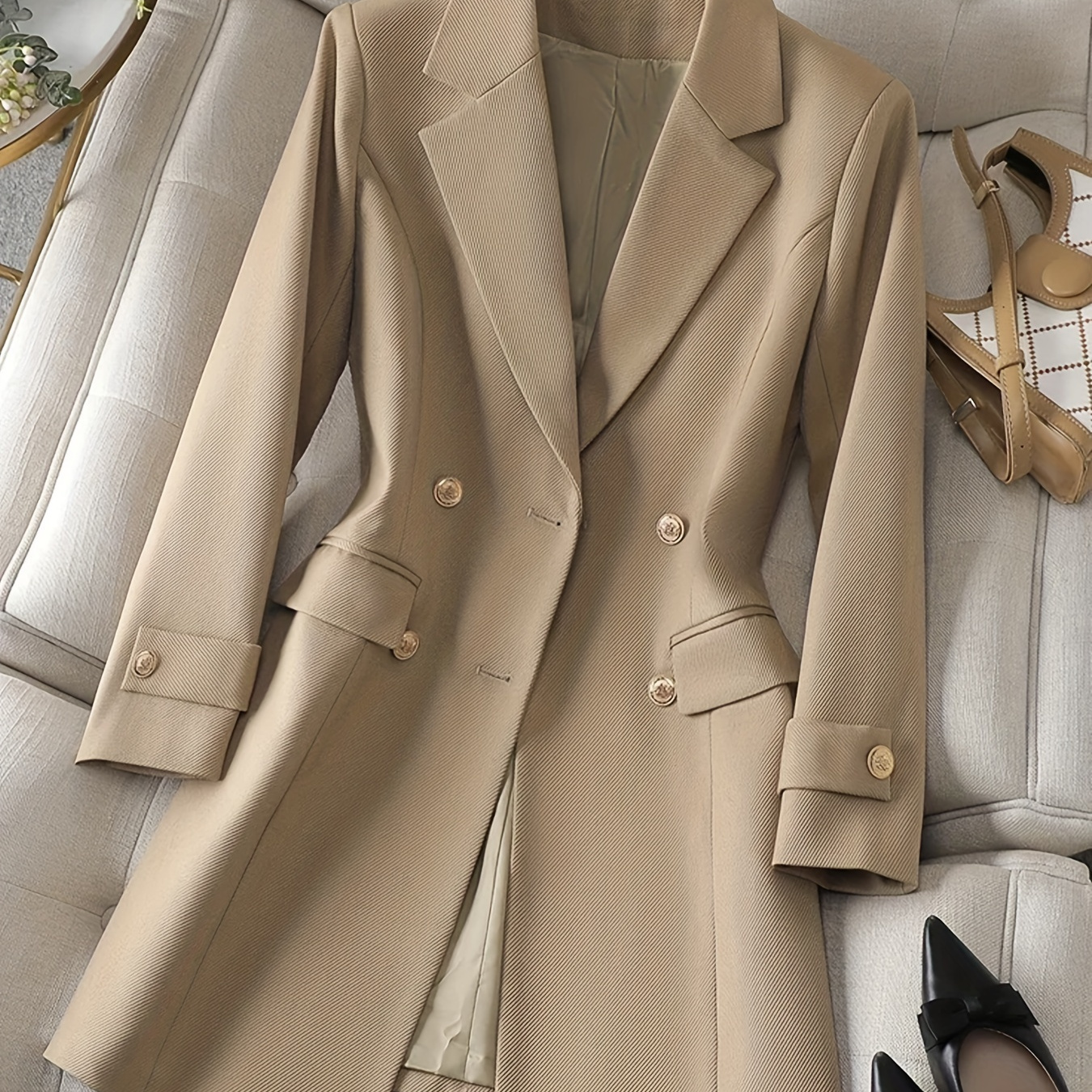 

Double Breasted Lapel Neck Blazer, Elegant Slim Fit Long Sleeve Blazer For Office & Work, Women's Clothing
