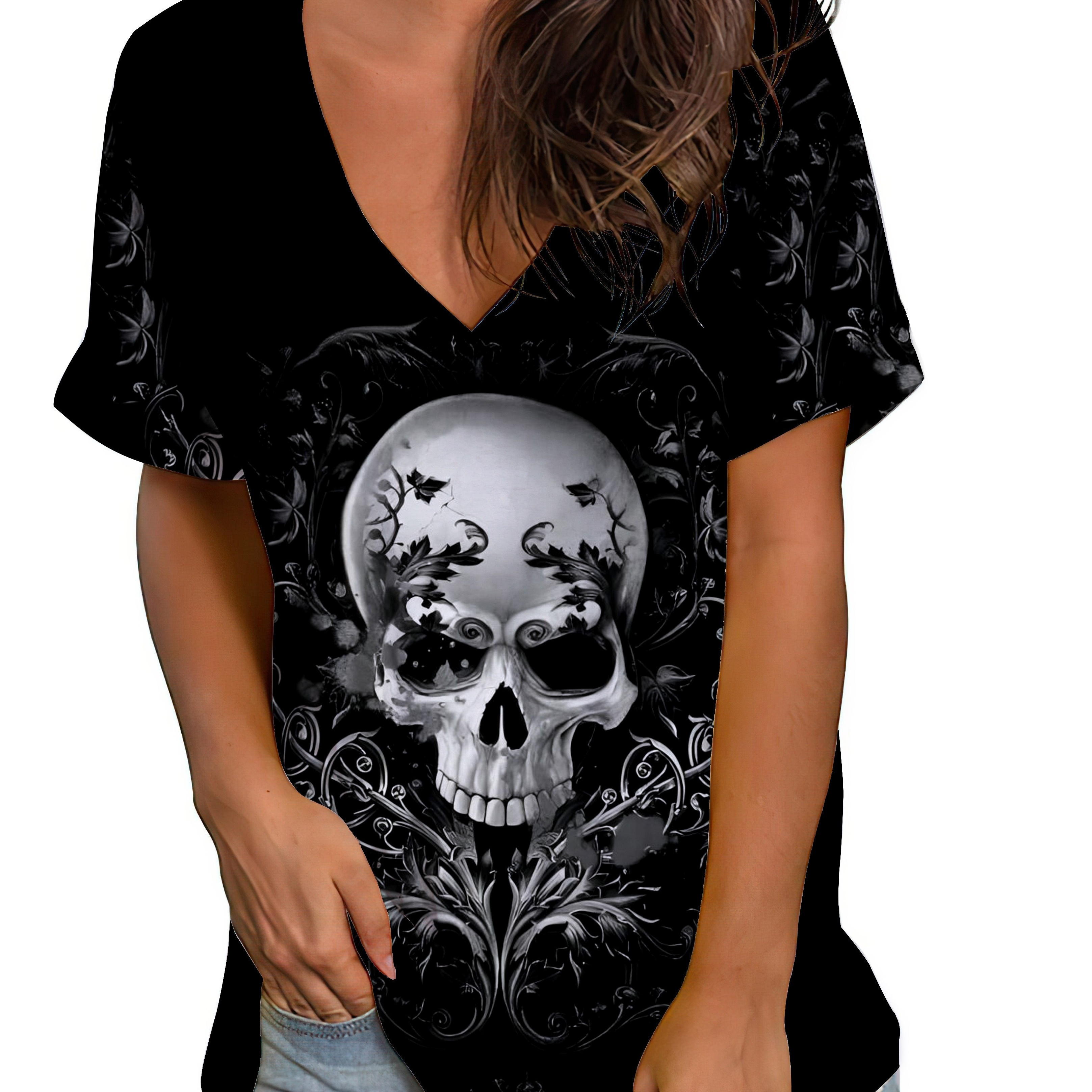 

Plus Size Skull Print T-shirt, Casual V Neck Short Sleeve T-shirt, Women's Plus Size clothing