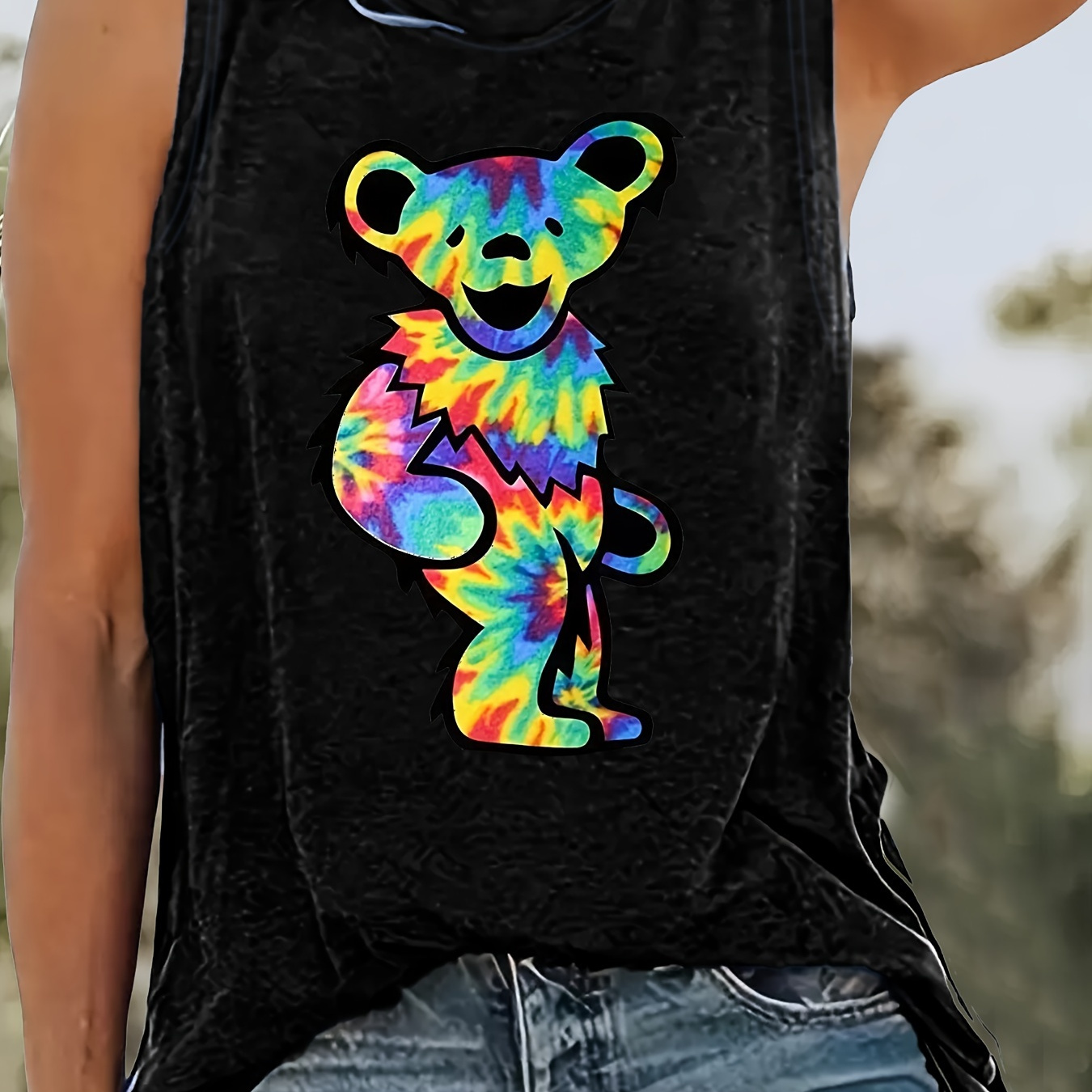 

Women's Vibrant Tie-dye Bear Print Sleeveless Tank Top - Casual Round Neck Knit Top, Lightweight & Breathable For Summer & Spring