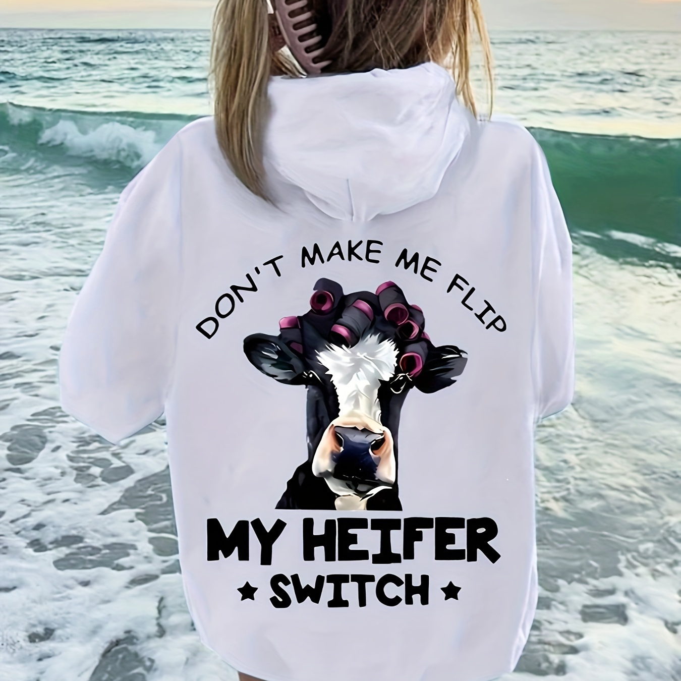 

Women's Casual Polyester Hoodie With Geometric Cow & Letter Print, Knitted Fabric, Fall/winter Hooded Sweatshirt With Pocket