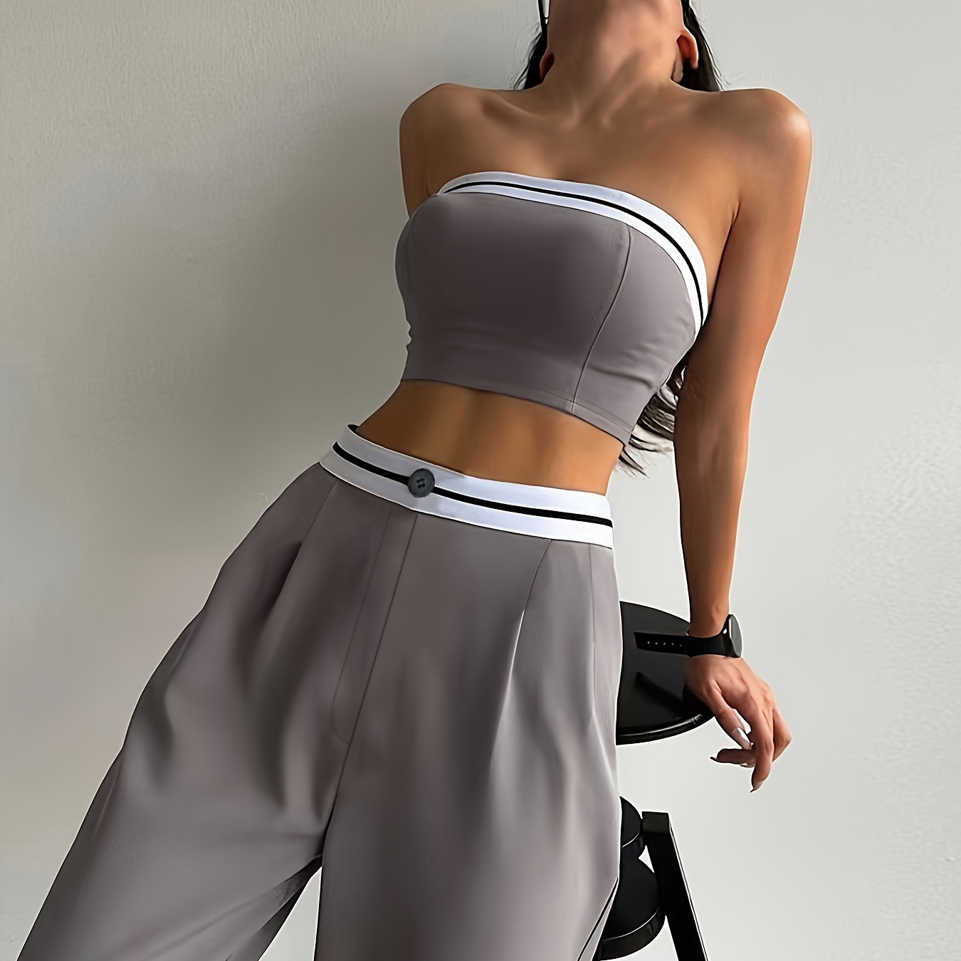 

Contrast Trim Casual Two-piece Set, Crop Tube Top & Pants Outfits, Women's Clothing
