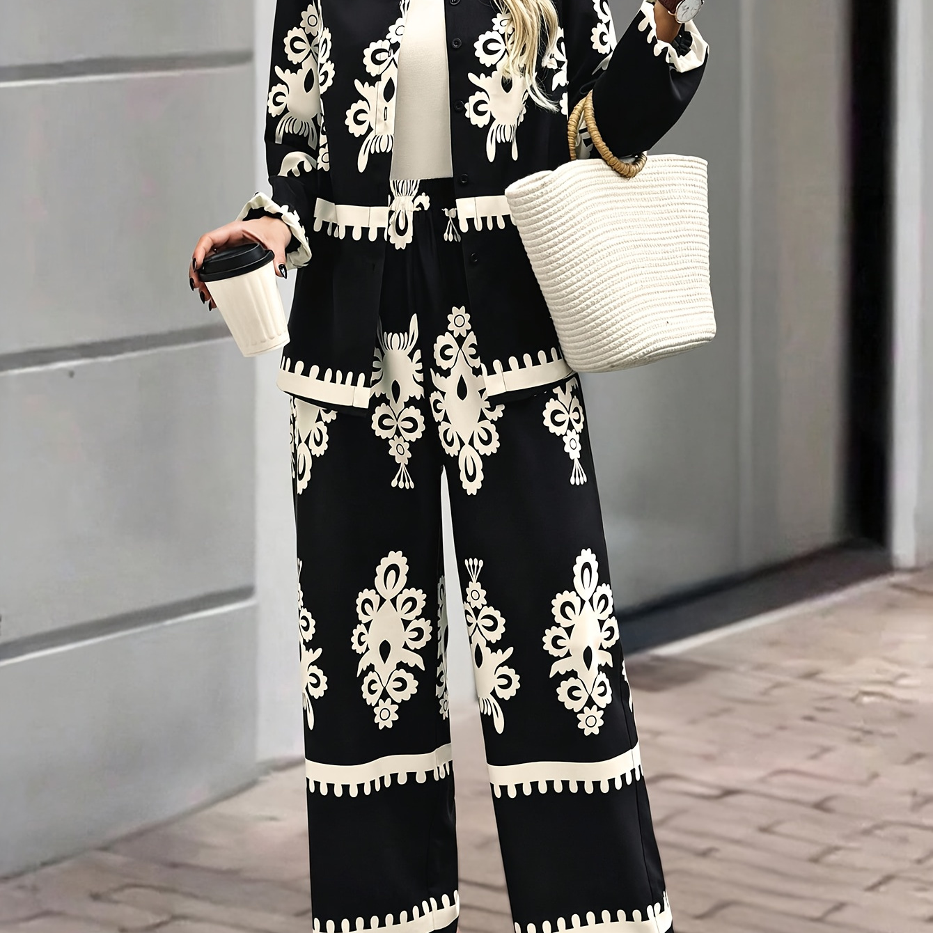 

Women's Elegant Tribal Print Two-piece Set, Long Sleeve Front Button Top And Pants, 100% Polyester, Lapel Collar, Woven, Spring/summer 2071