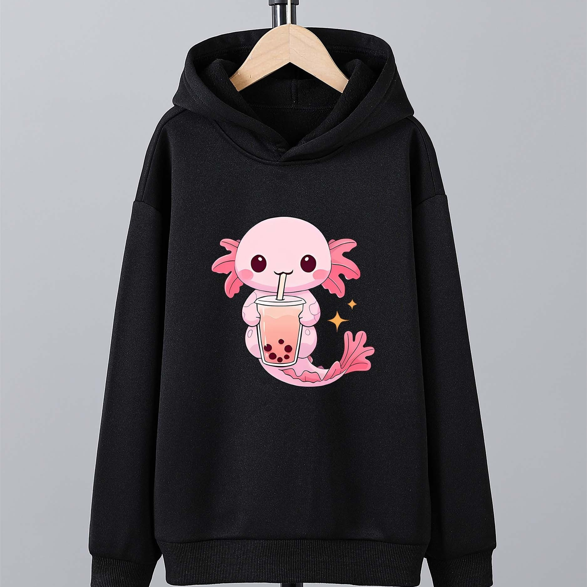 

Casual Hooded Sweatshirt With Axolotl Print, 100% Polyester Knit Fabric, Loose Fit Pullover, For School, Outdoor Activities, And Home Gatherings, Ideal Gift For , Sweater Hoodie