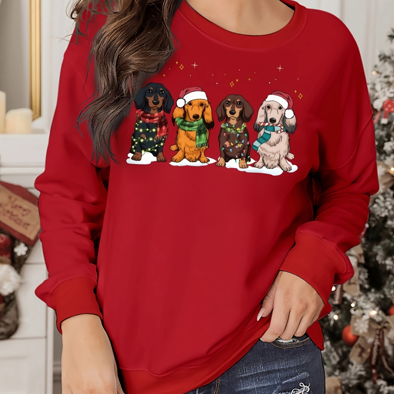 

1pc Christmas Dachshund Sweatshirt For Women, Casual Round Neck Pullover With Cartoon Dog Applique, Polyester Knit Fabric, Winter Top