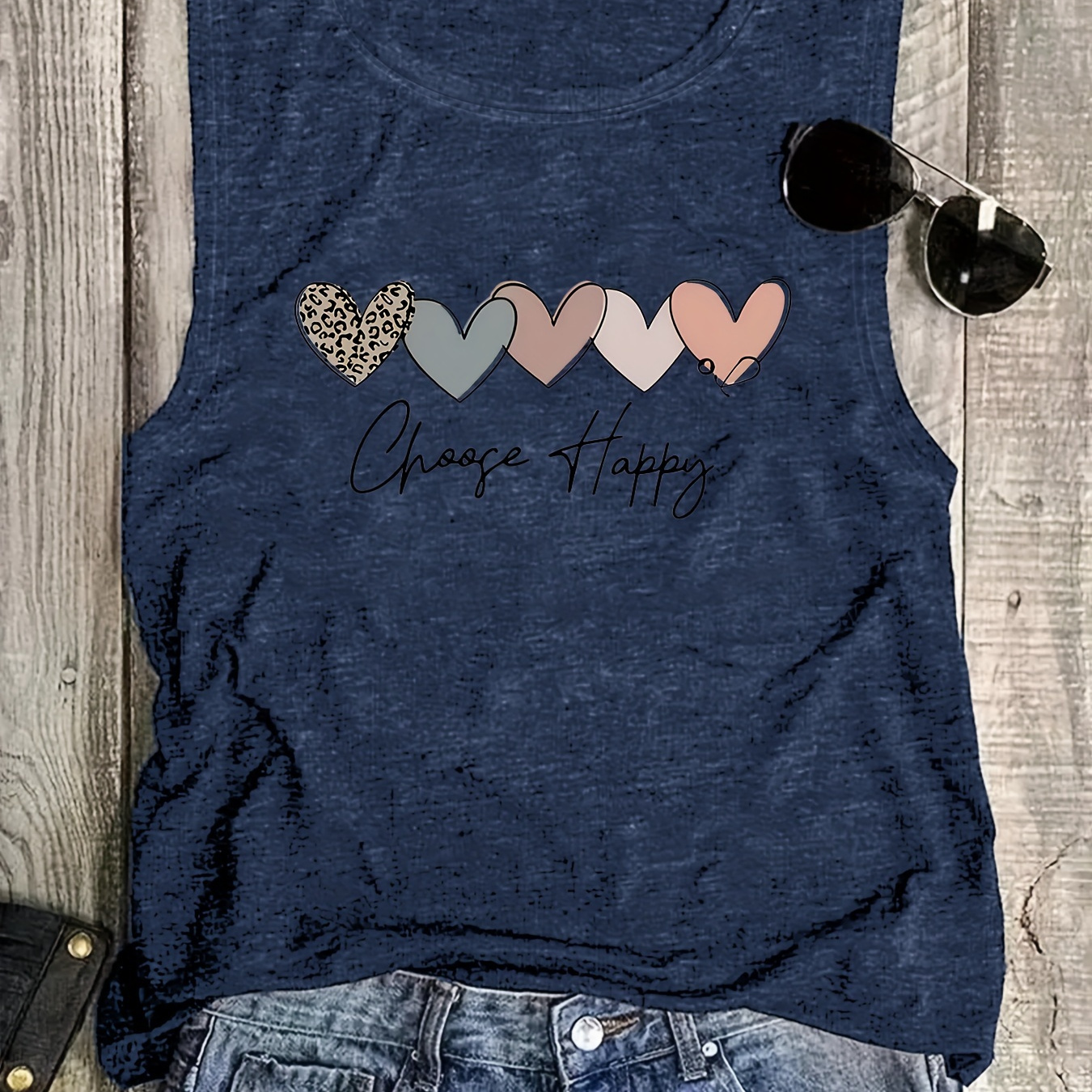 

Heart Print Tank Top, Sleeveless Casual Top For Summer & Spring, Women's Clothing