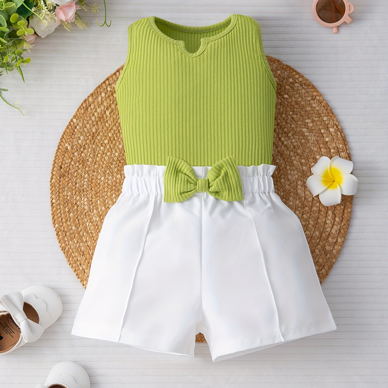 

2pcs 's Bowknot Decor & Ribbed Tank Top, Toddler & Infant 's Clothing Set For Summer, Cloth