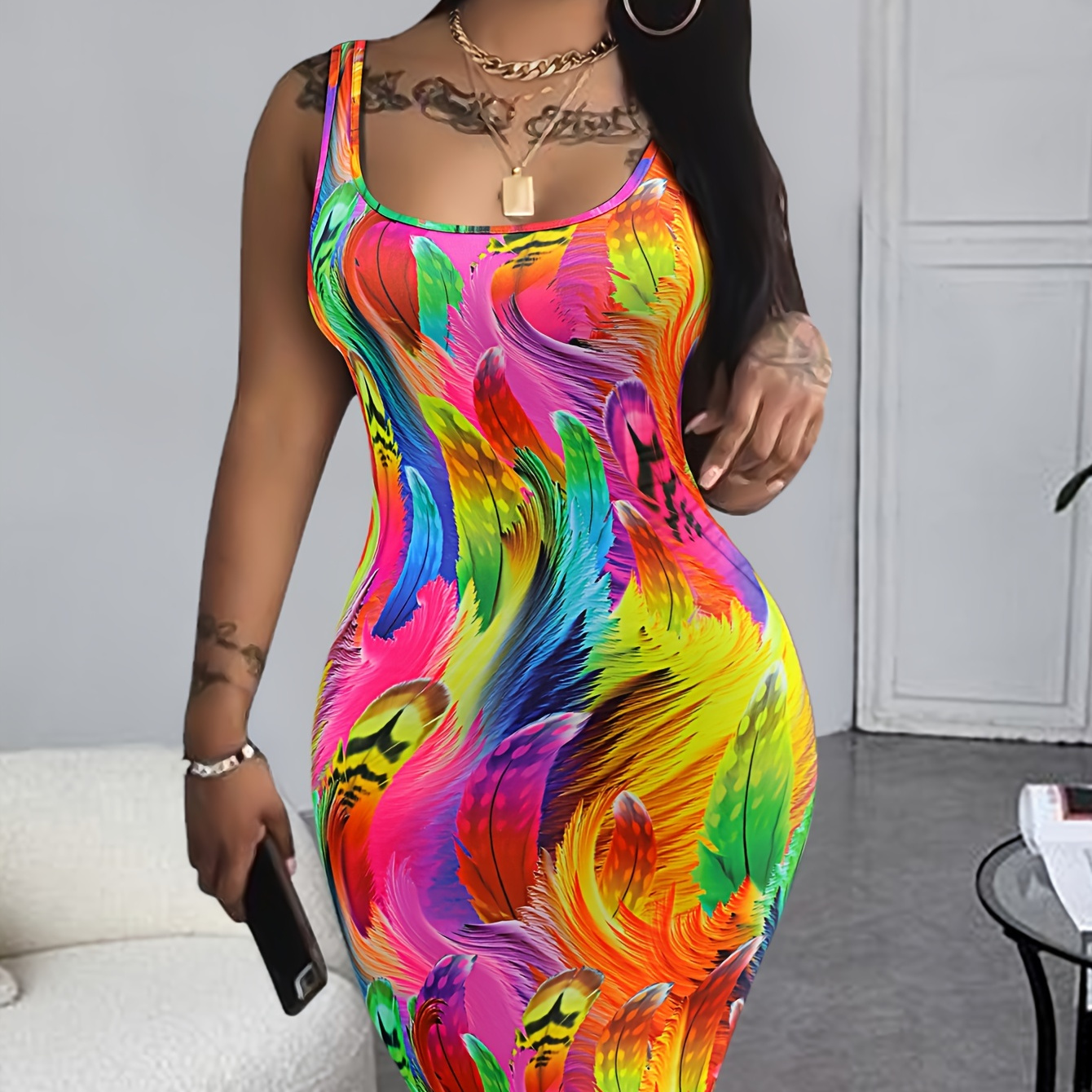 

Colorful Feather Print Crew Neck Tank Dress, Sexy Sleeveless Bodycon Knee Length Dress, Women's Clothing